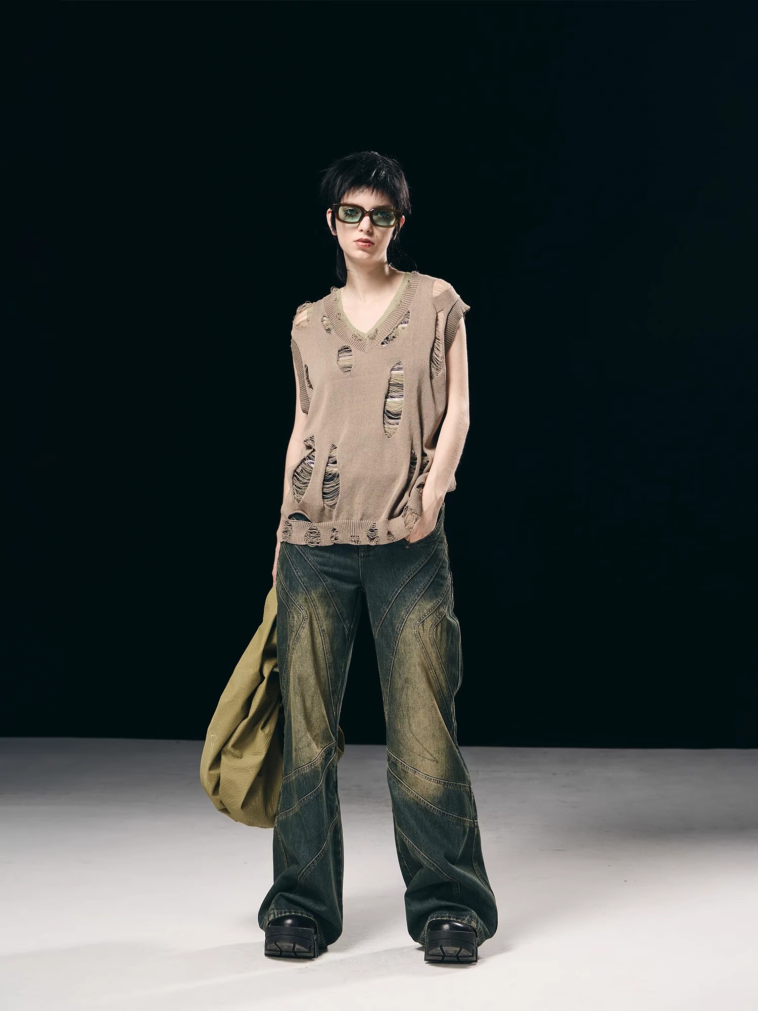 BORON ATOMS 23SS Patchwork Striped Flared Jeans