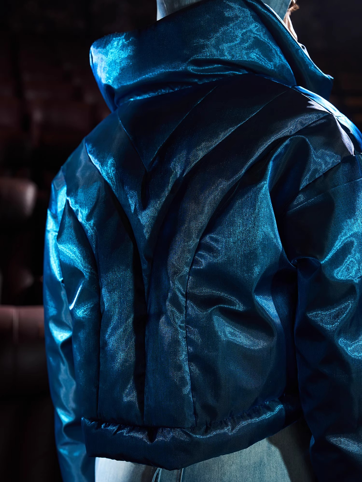 BORON ATOMS 24SS Liquid Reflective Stand Collar Curved Placket Jacket