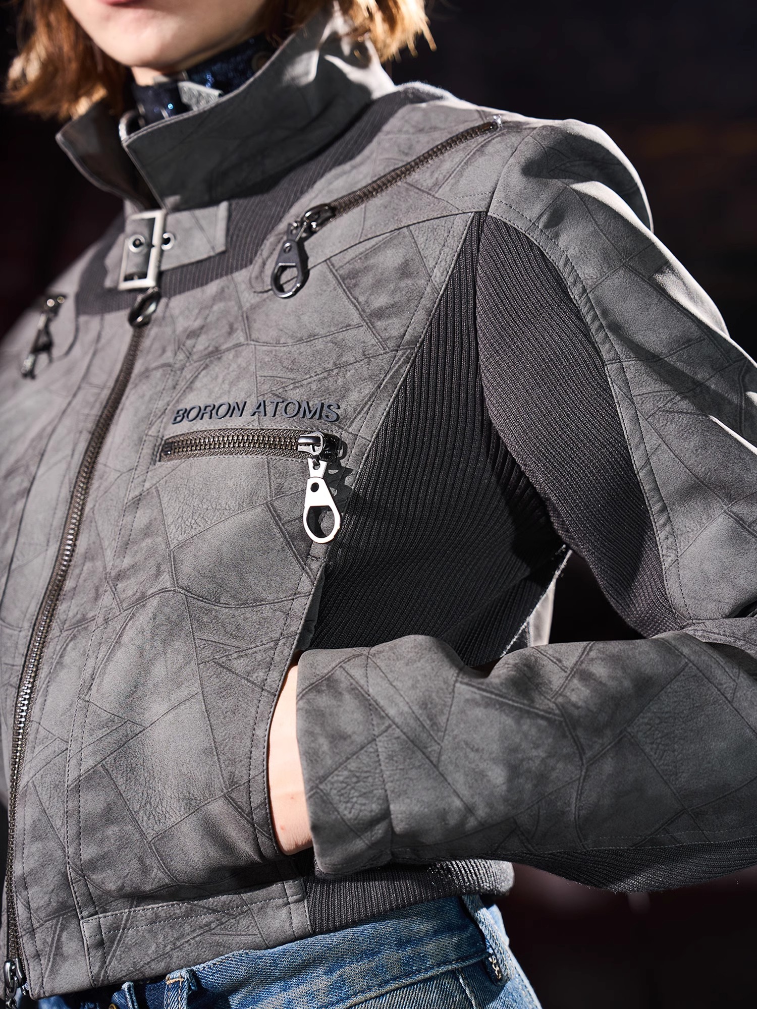 BORON ATOMS 24SS Textured Dark Stripe Short Leather Jacket