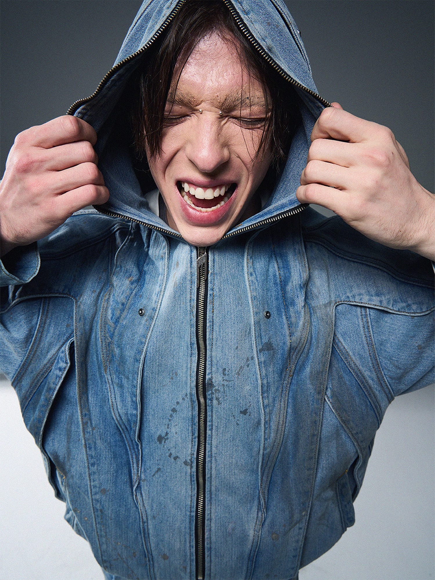 BLINDNOPLAN 24SS Mud-dyed Ink-splattered Distressed Hooded Jacket