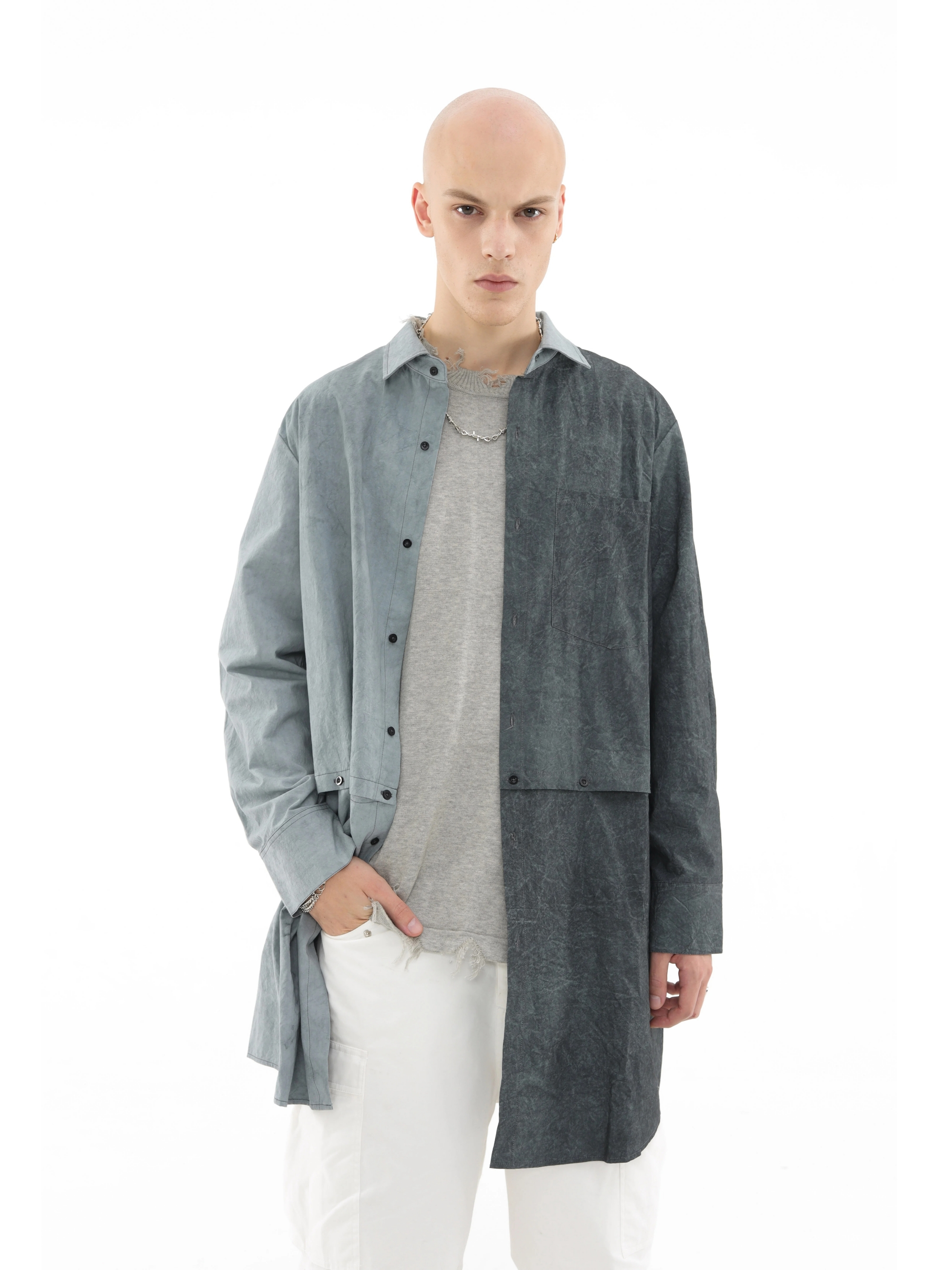 NormCoreMoment 19FW Washed Patchwork Removable Long Shirt