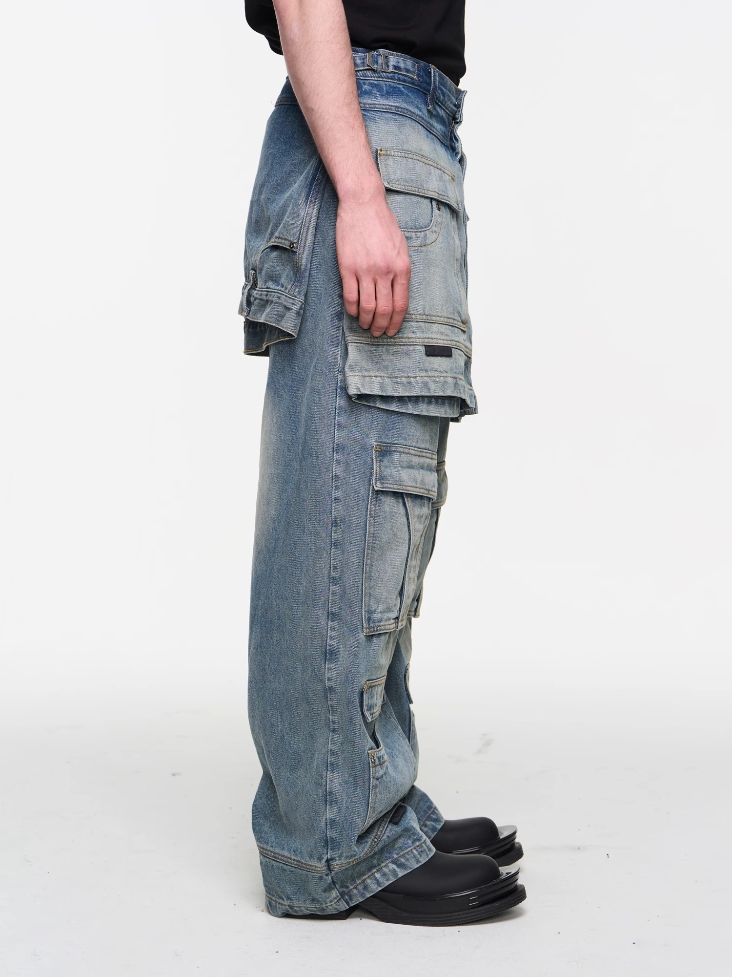 BLINDNOPLAN 24SS Multi-layered Faux Two-piece Ice Blue Workwear Denim Jeans
