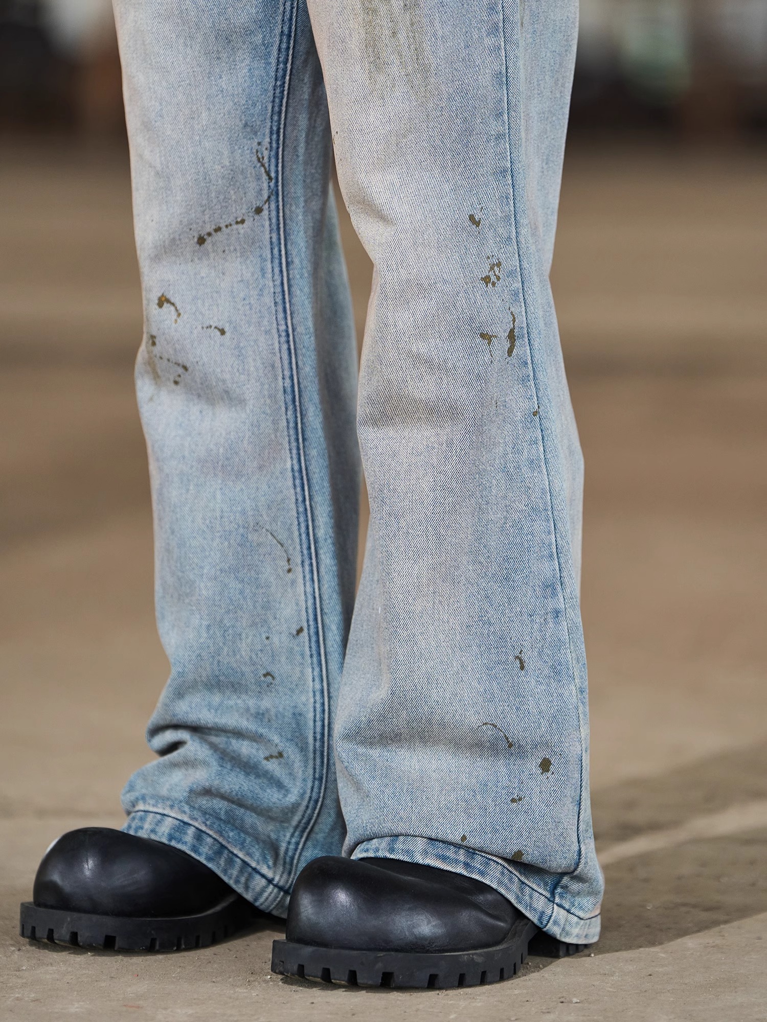 BLINDNOPLAN 24SS Distressed Washed Ink-splatter Flared Jeans