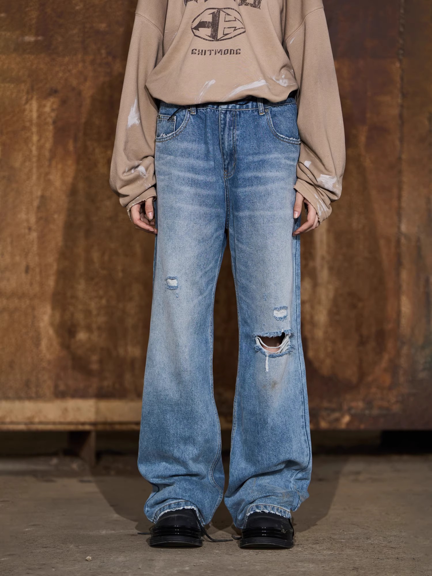 BLINDNOPLAN 24SS EXIT MODE Distressed Washed Blue Straight-Leg Pants