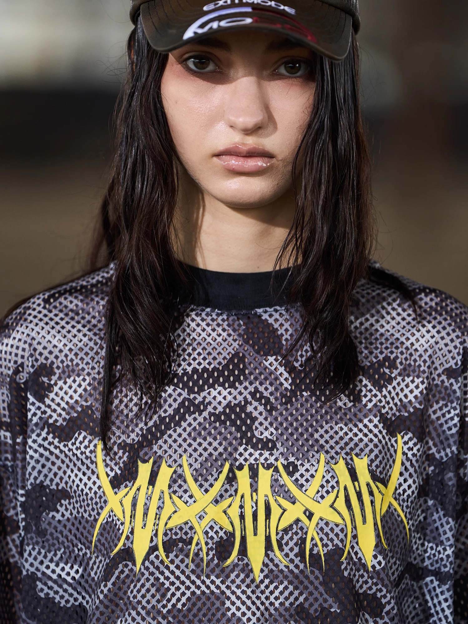 EXITMODE BY BLINDNOPLAN 24SS Double-Sided Gray Camouflage Distressed T-Shirt