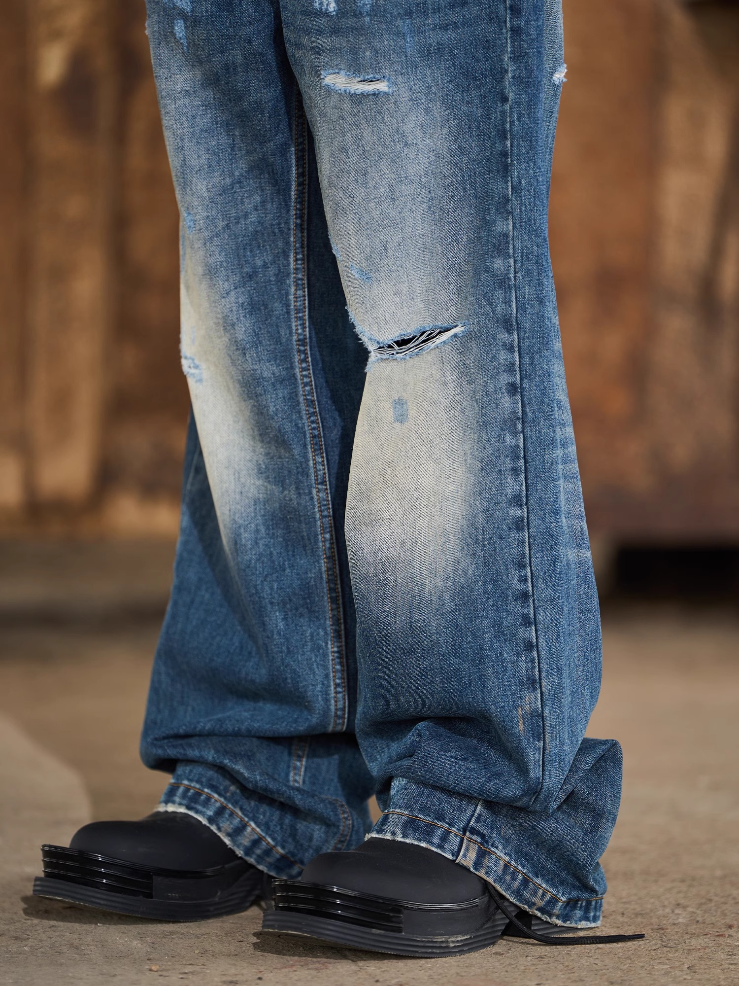 EXITMODE BY BLINDNOPLAN 24SS Ripped Deep Blue Loose Straight-Leg Jeans