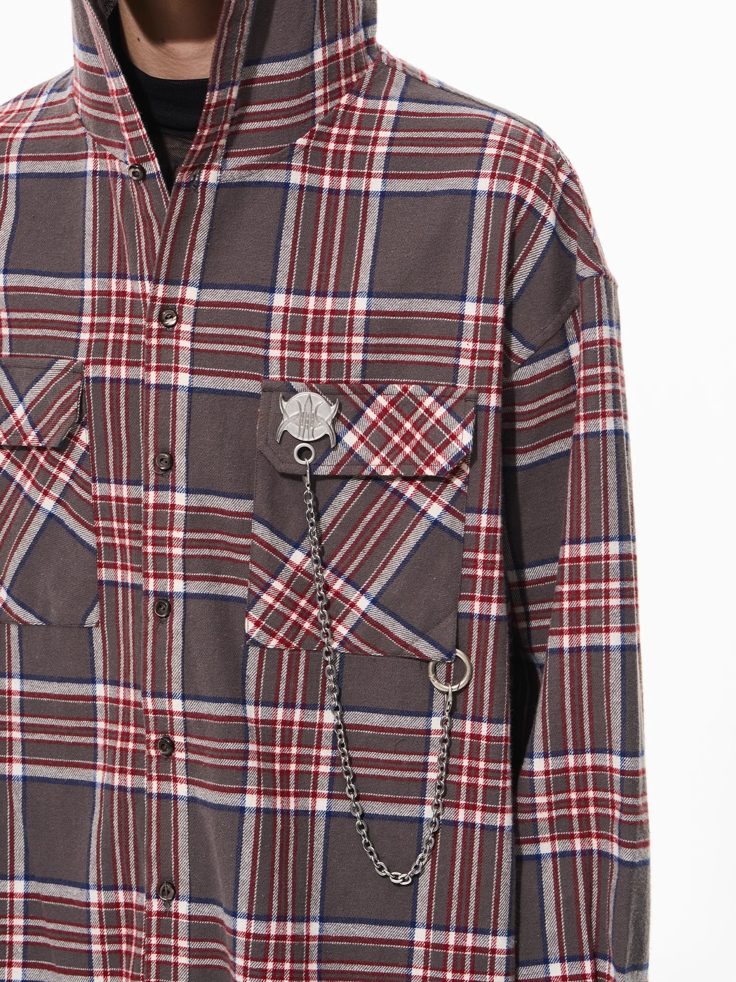 BLINDNOPLAN 24AW Metal Chain Accent Plaid Shirt