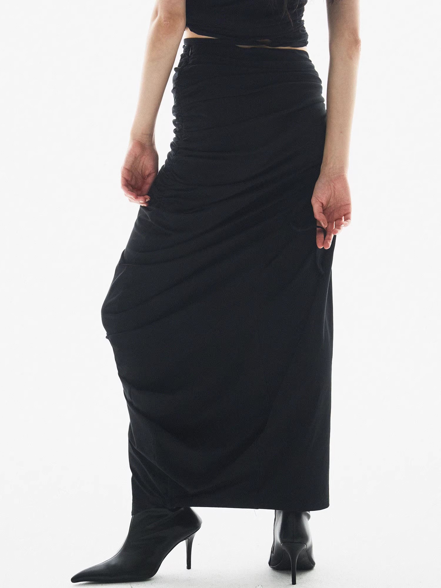 BORON ATOMS 24SS Ruffled Draped Waistband Asymmetrical Long Skirt
