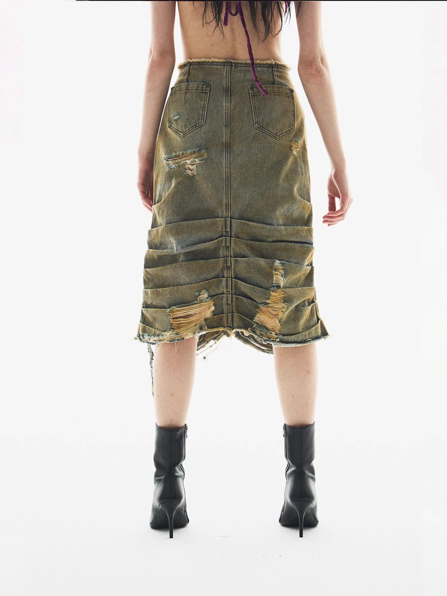 BORON ATOMS 24SS Distressed Mud-Dyed Ruffle Denim Skirt with Metal Studs