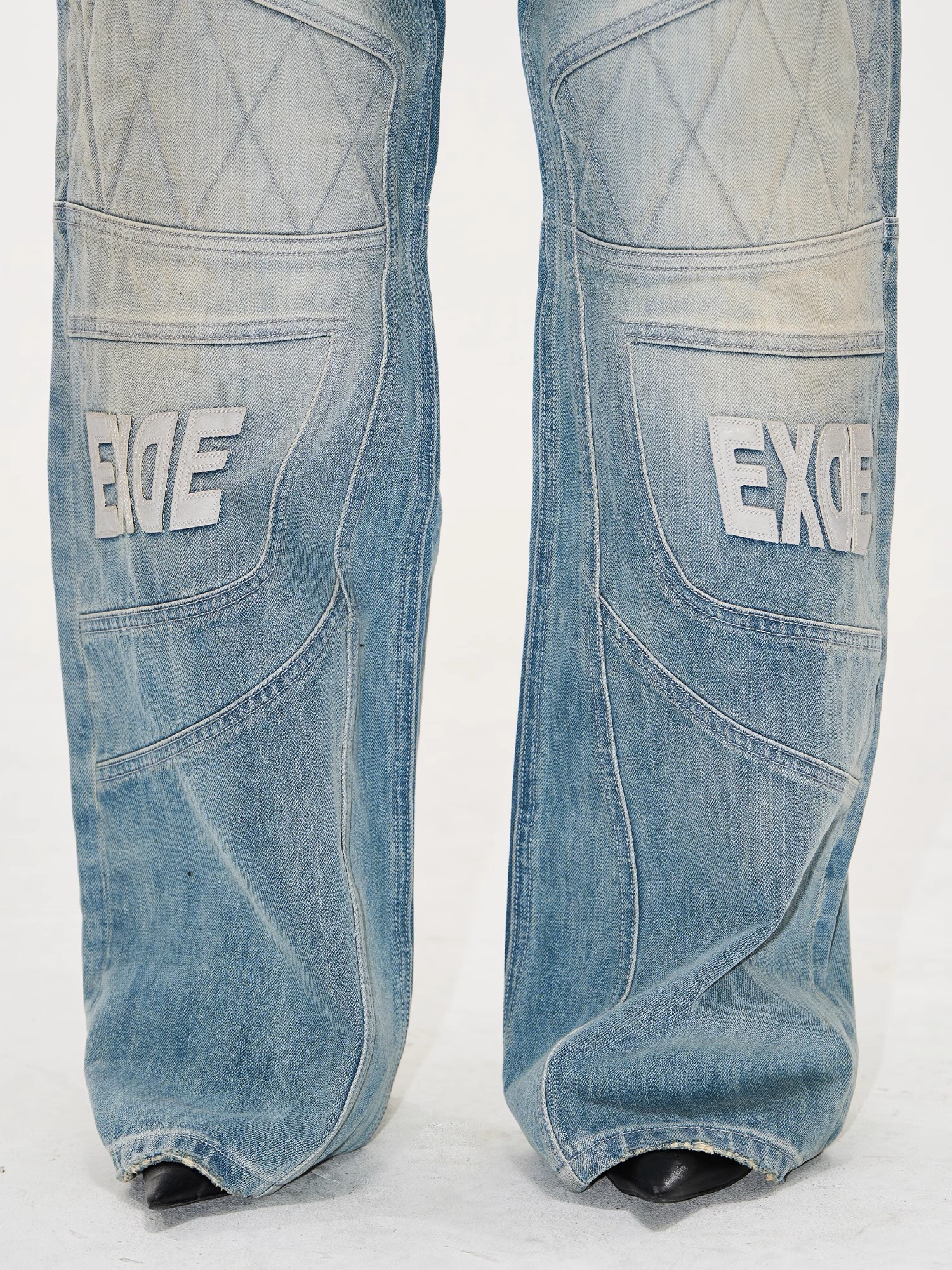 EXITMODE BY BLINDNOPLAN Washed Blue Moto Patchwork Leather Embroidered Pants