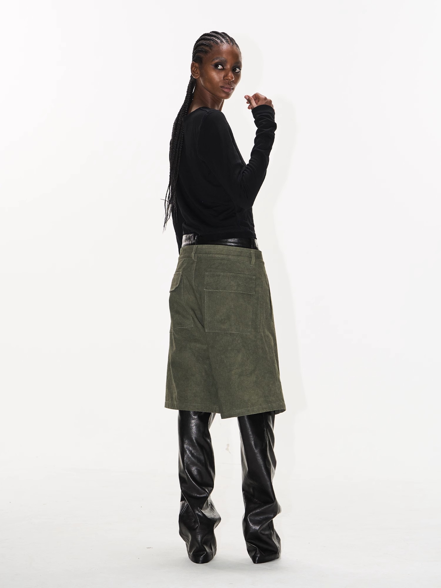 EXITMODE BY BLINDNOPLAN Faux Two-Piece Pearl Sail Fabric & Faux Leather Patchwork Pants