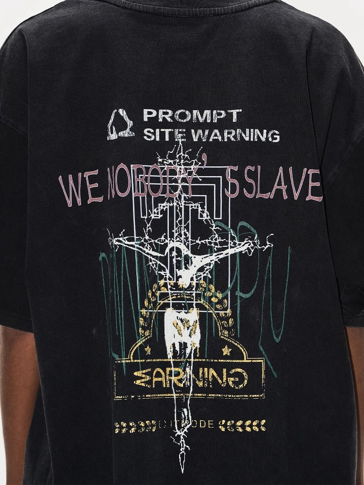 EXITMODE BY BLINDNOPLAN Washed Distressed Overlap Print T-Shirt