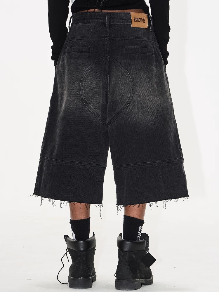 EXITMODE BY BLINDNOPLAN Washed Distressed Biker Raw-Edge Denim Shorts