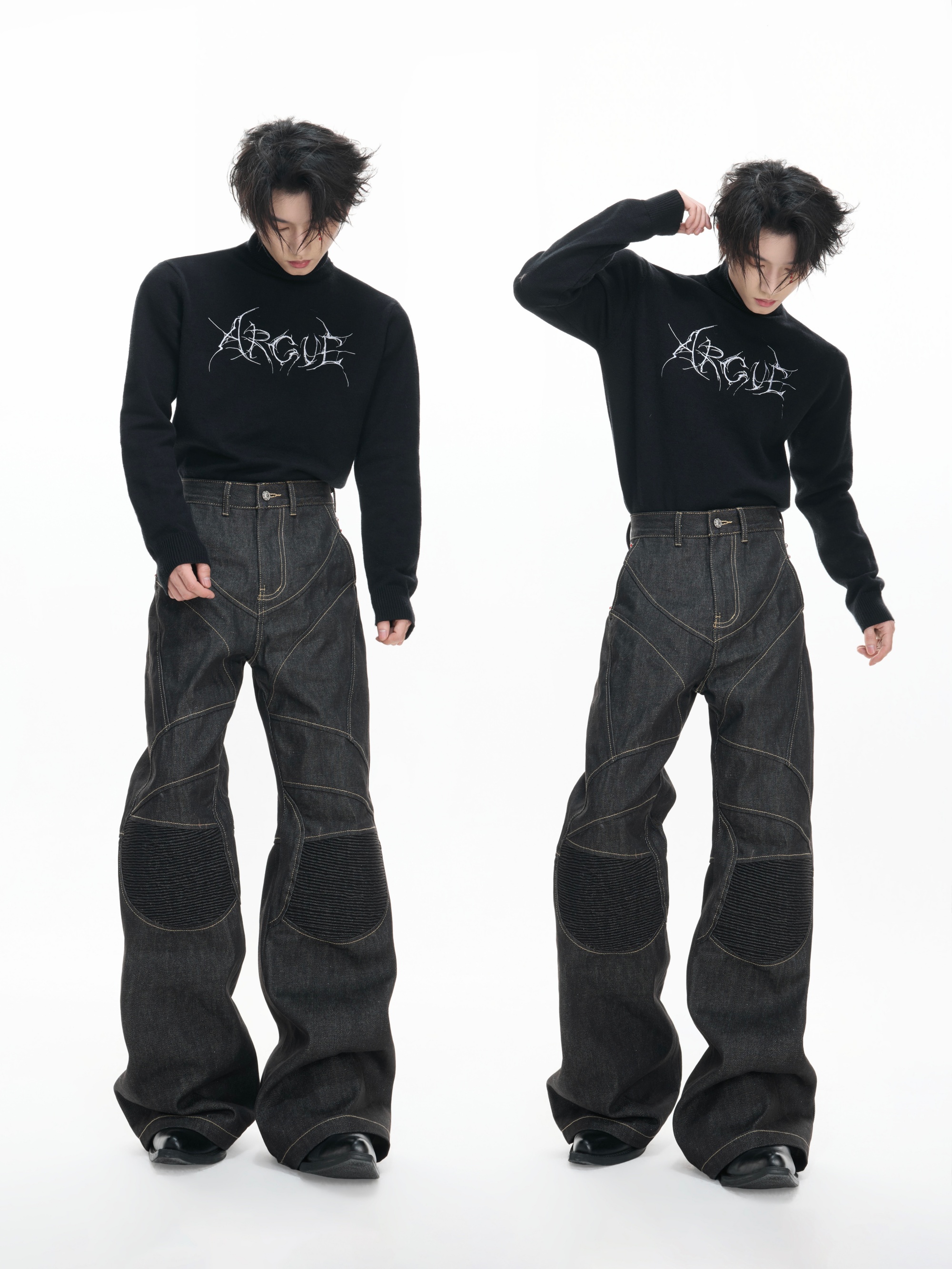 Knee-Pad Pleated High-Stretch Jeans