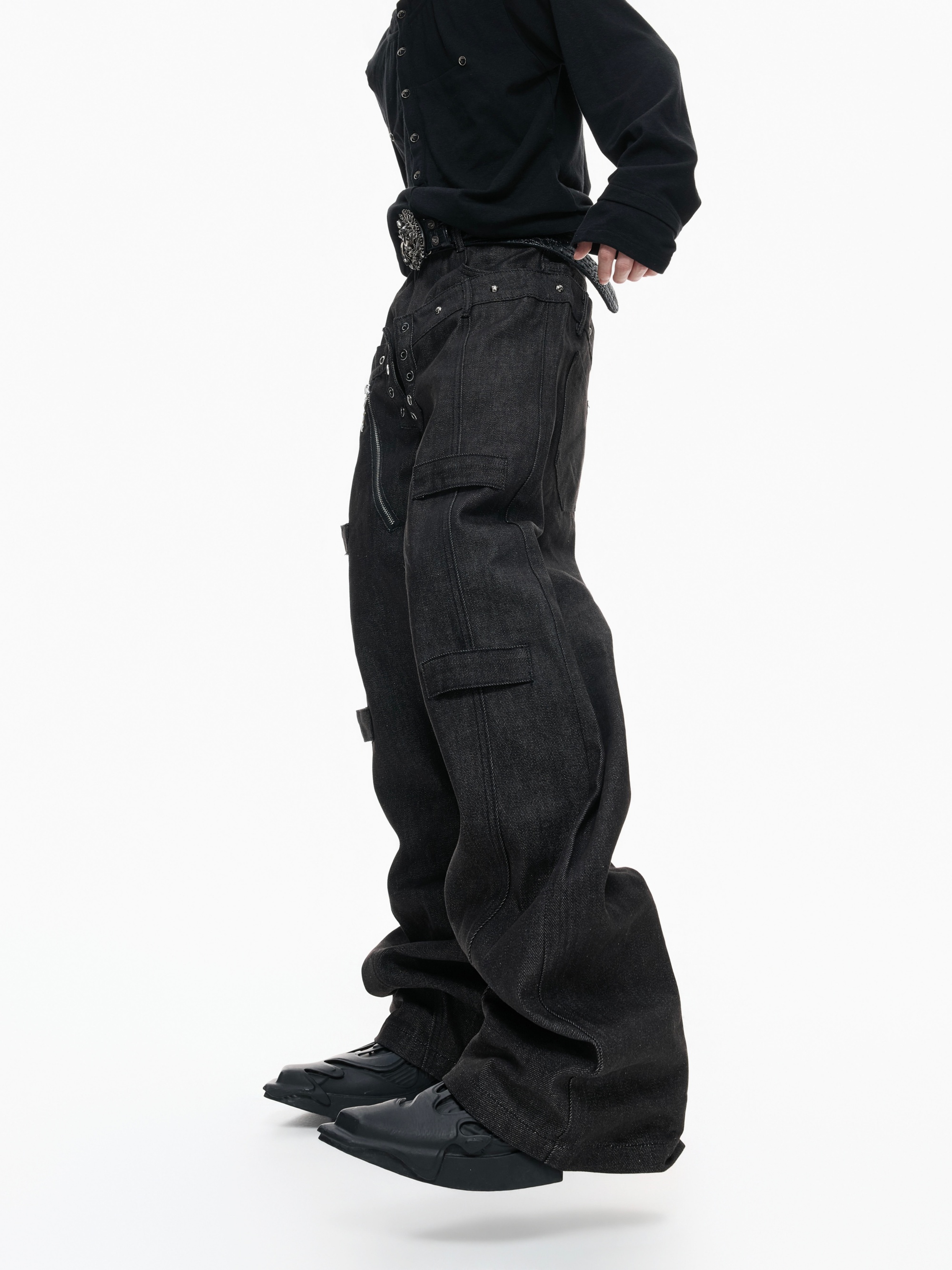 14.5oz Desized Raw Denim Straight Pants with Double Waistband