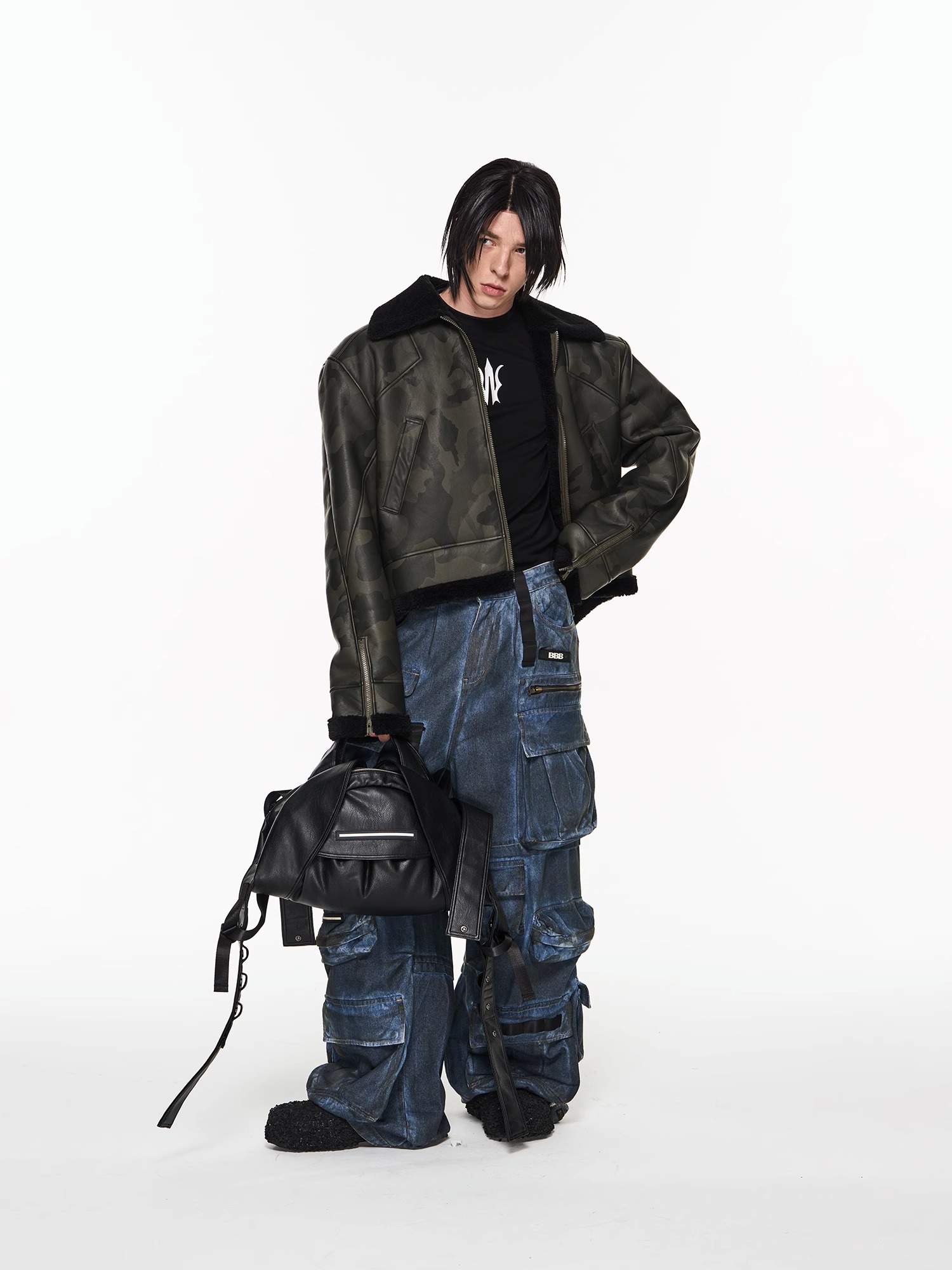 BLINDNOPLAN 23AW SHORT OVERSIZED CAMOUFLAGE SHEARLING COAT