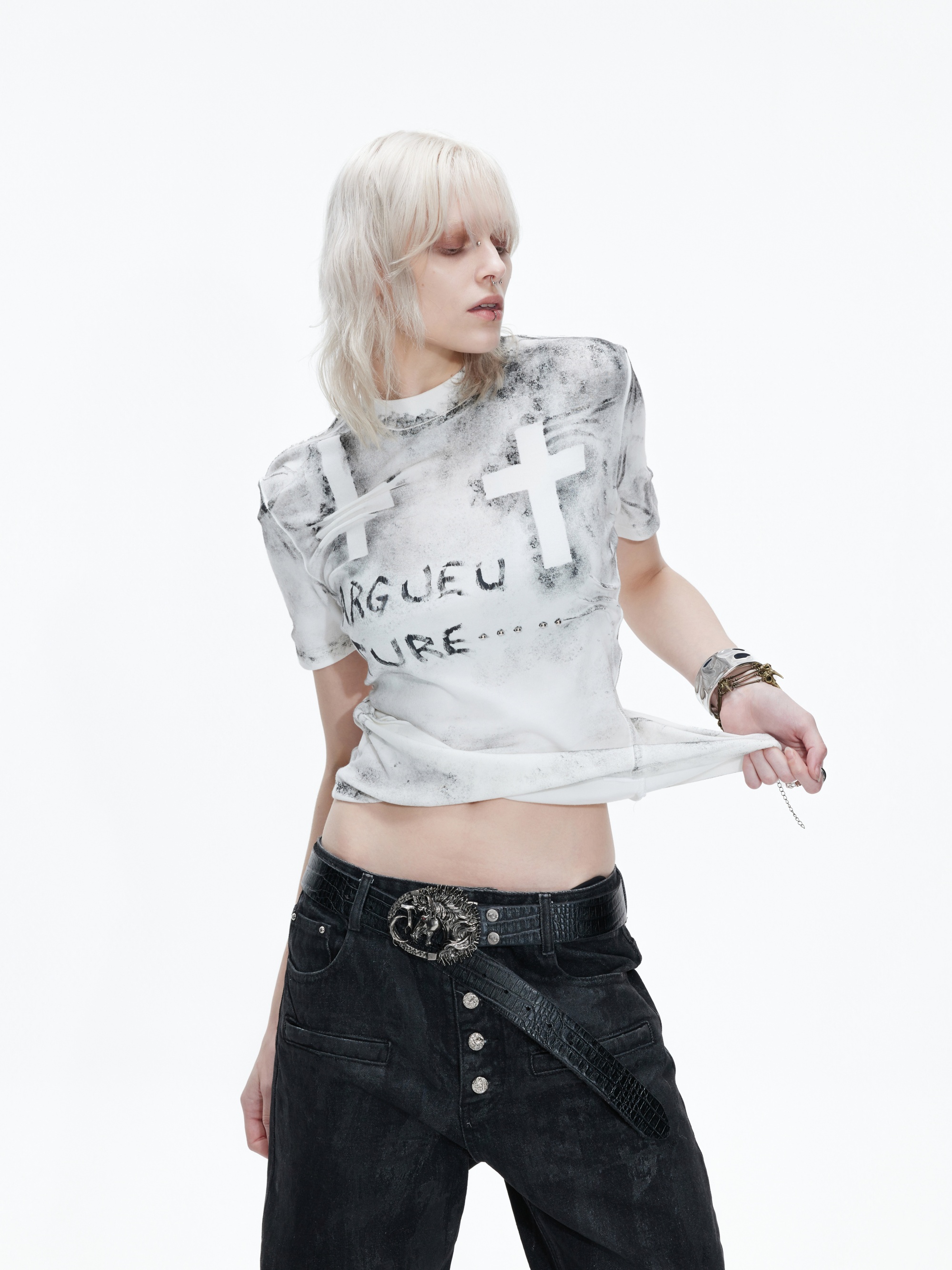 Pleated Graffiti Distressed T-Shirt