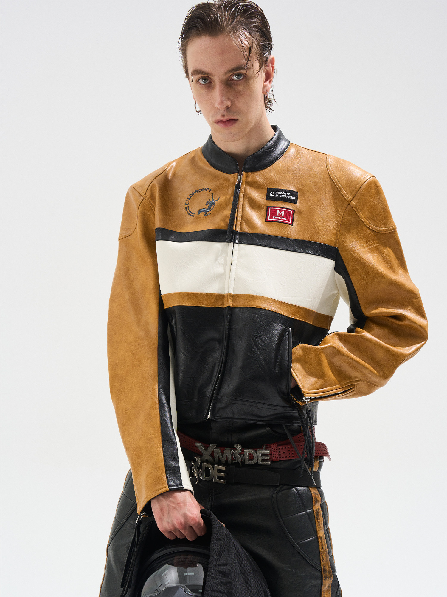 Color-Block Spliced Short Sports Leather Jacket