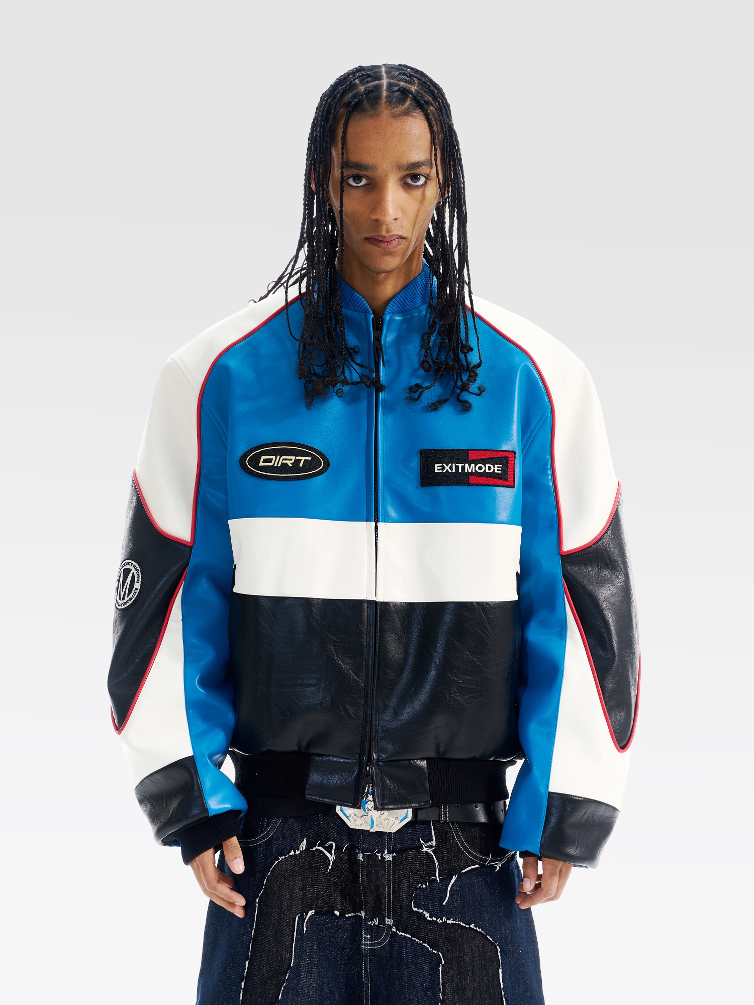 Color-Block Embroidered Leather Cotton-padded Jacket