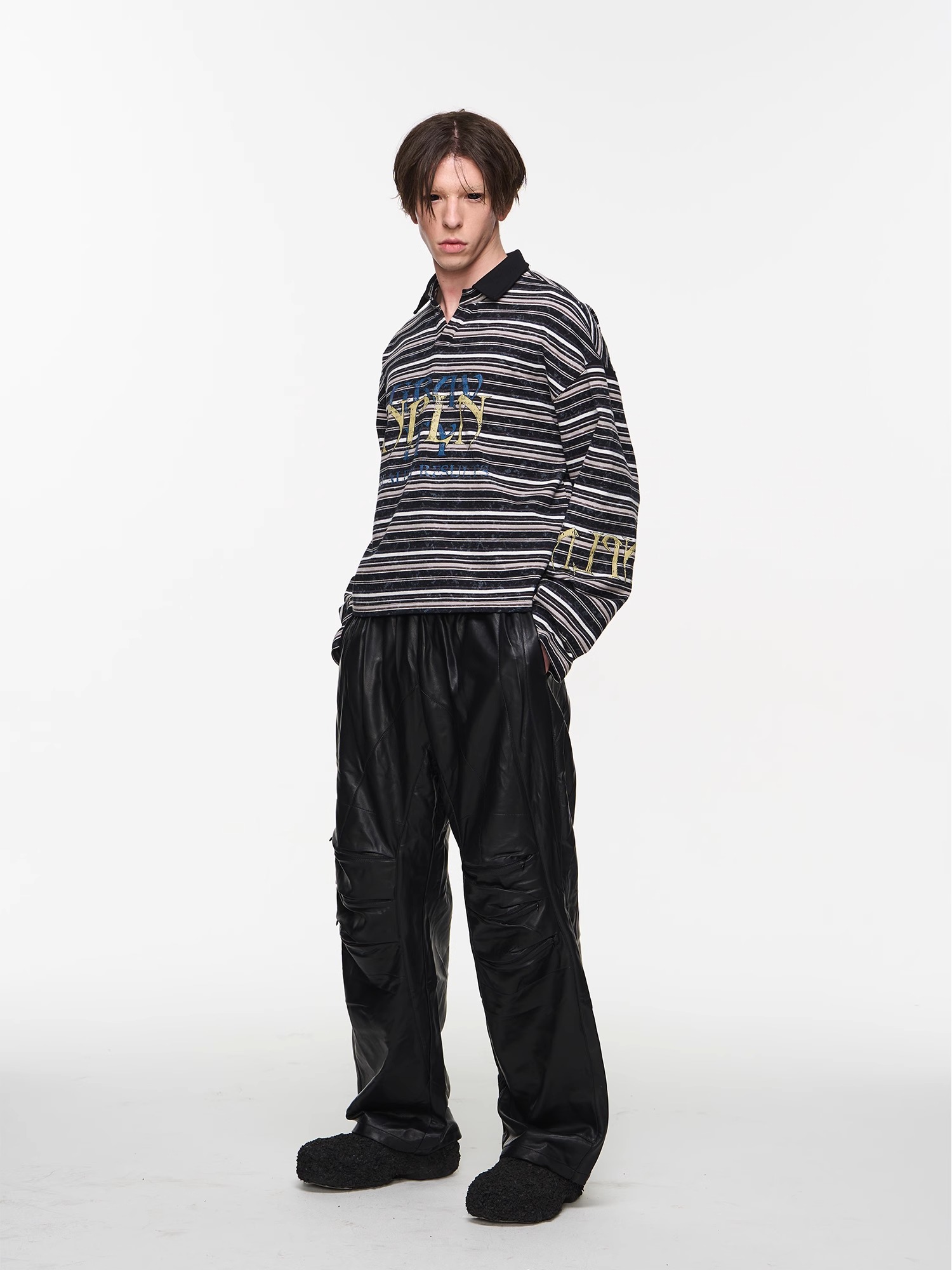 BLINDNOPLAN 24SS Washed and Distressed Striped Polo Shirt