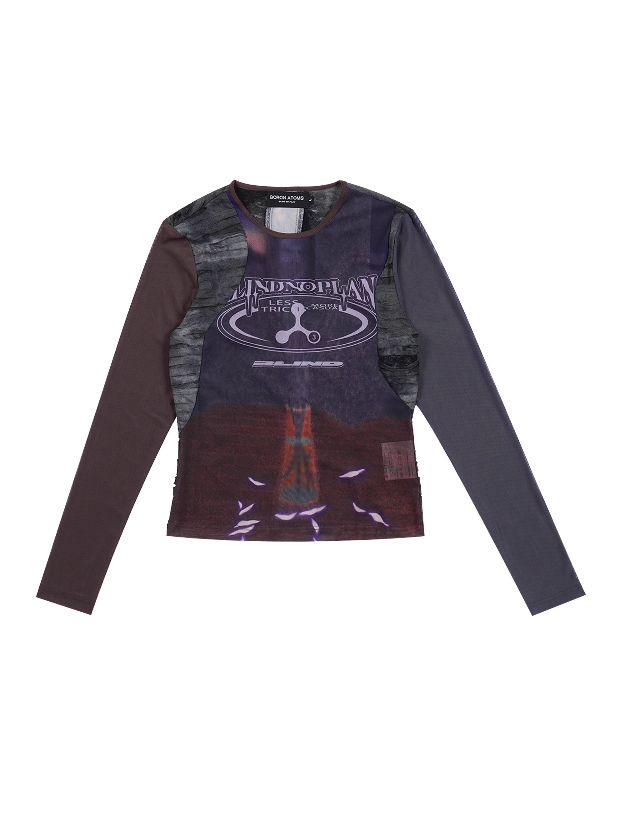BORON ATOMS 23SS Mesh Patchwork Floral Print Round Neck Long Sleeve T-shirt