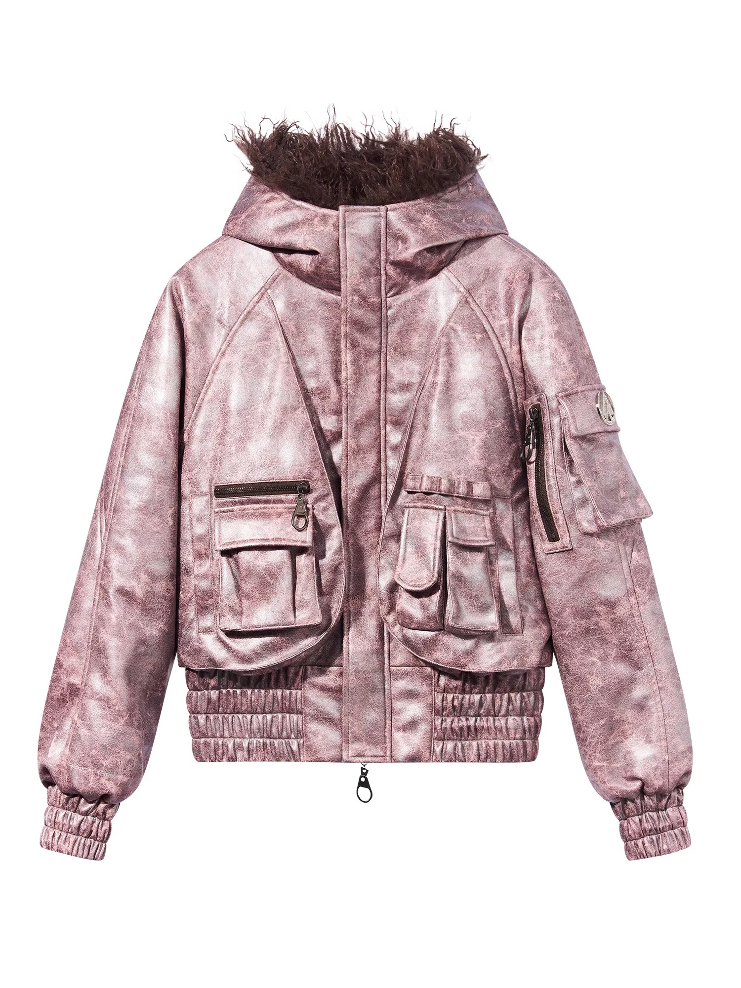 BORON ATOMS 24SS Metallic Dirty Pink Multi-Pocket Faux Fur Collar Short Jacket
