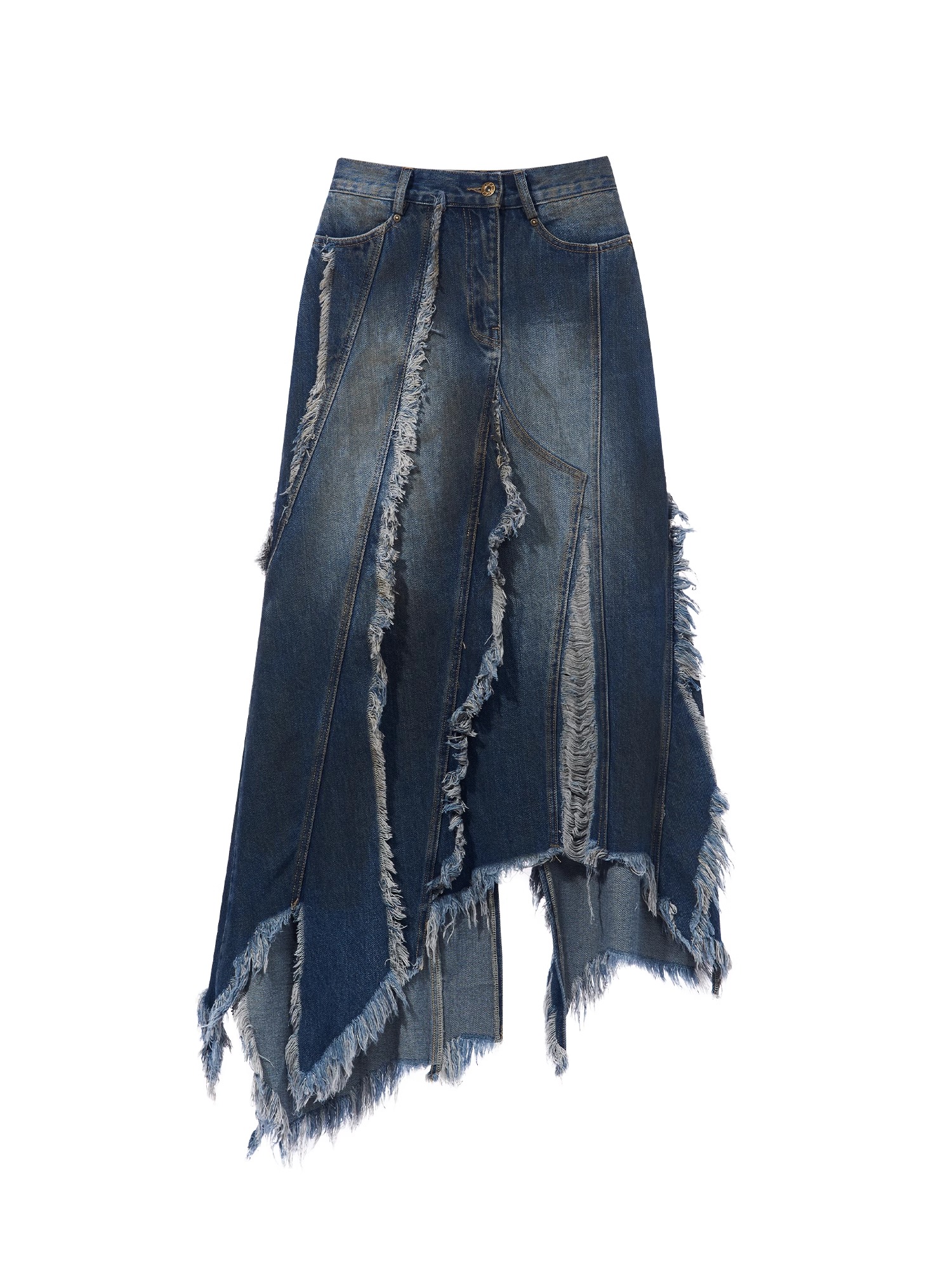 BORON ATOMS 24SS Irregular Multi-Panel Distressed Long Skirt
