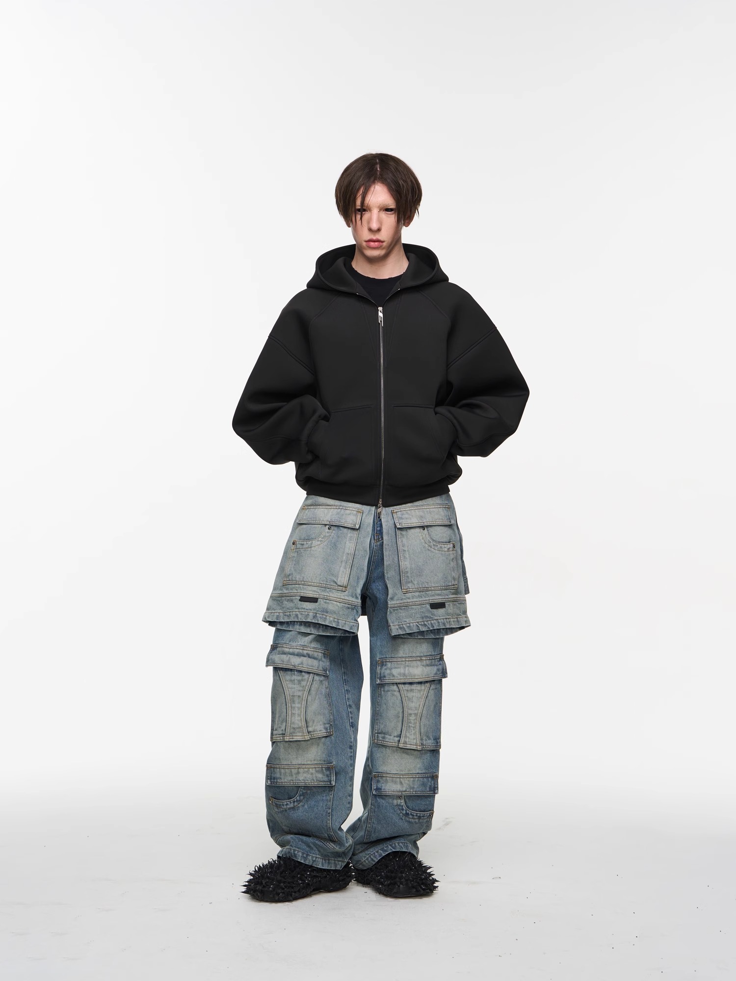 BLINDNOPLAN 24SS Multi-layered Faux Two-piece Ice Blue Workwear Denim Jeans
