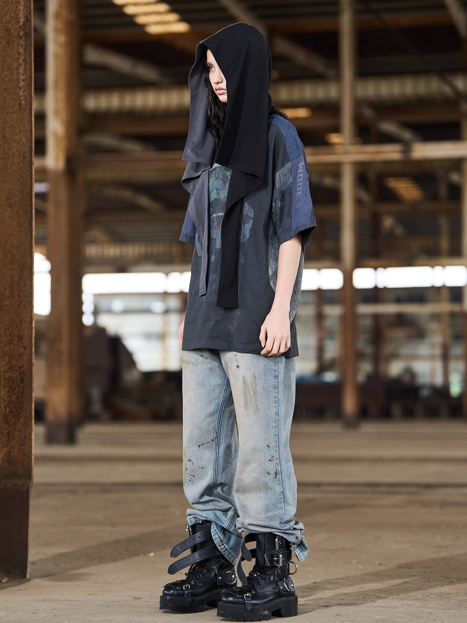 BLINDNOPLAN 24SS Distressed Washed Ink-splatter Flared Jeans