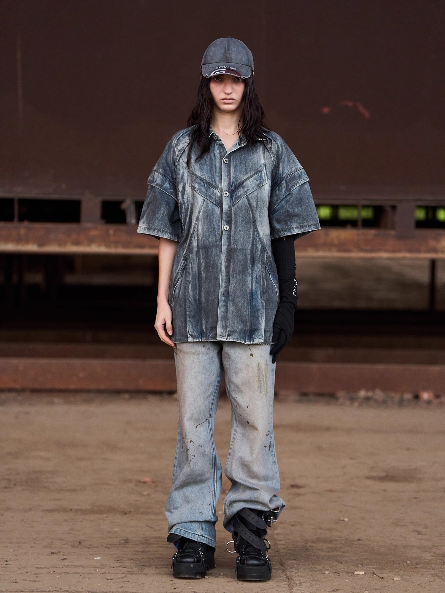 EXITMODE BY BLINDNOPLAN 24SS Heavy Washed Distressed Denim Shirt with Epaulets