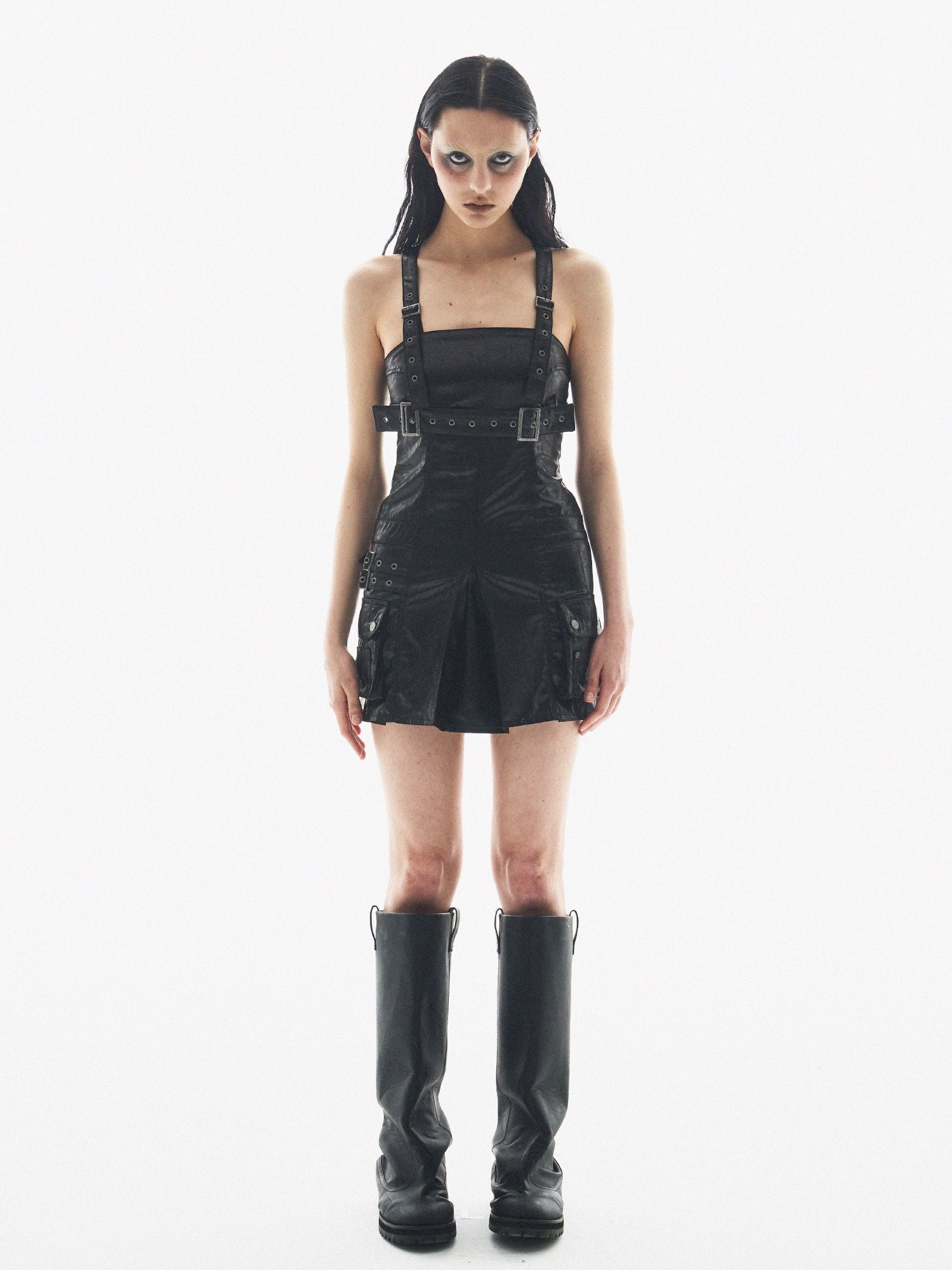 BORON ATOMS 24SS Textured Shiny Adjustable Metal Strap Pleated Dress