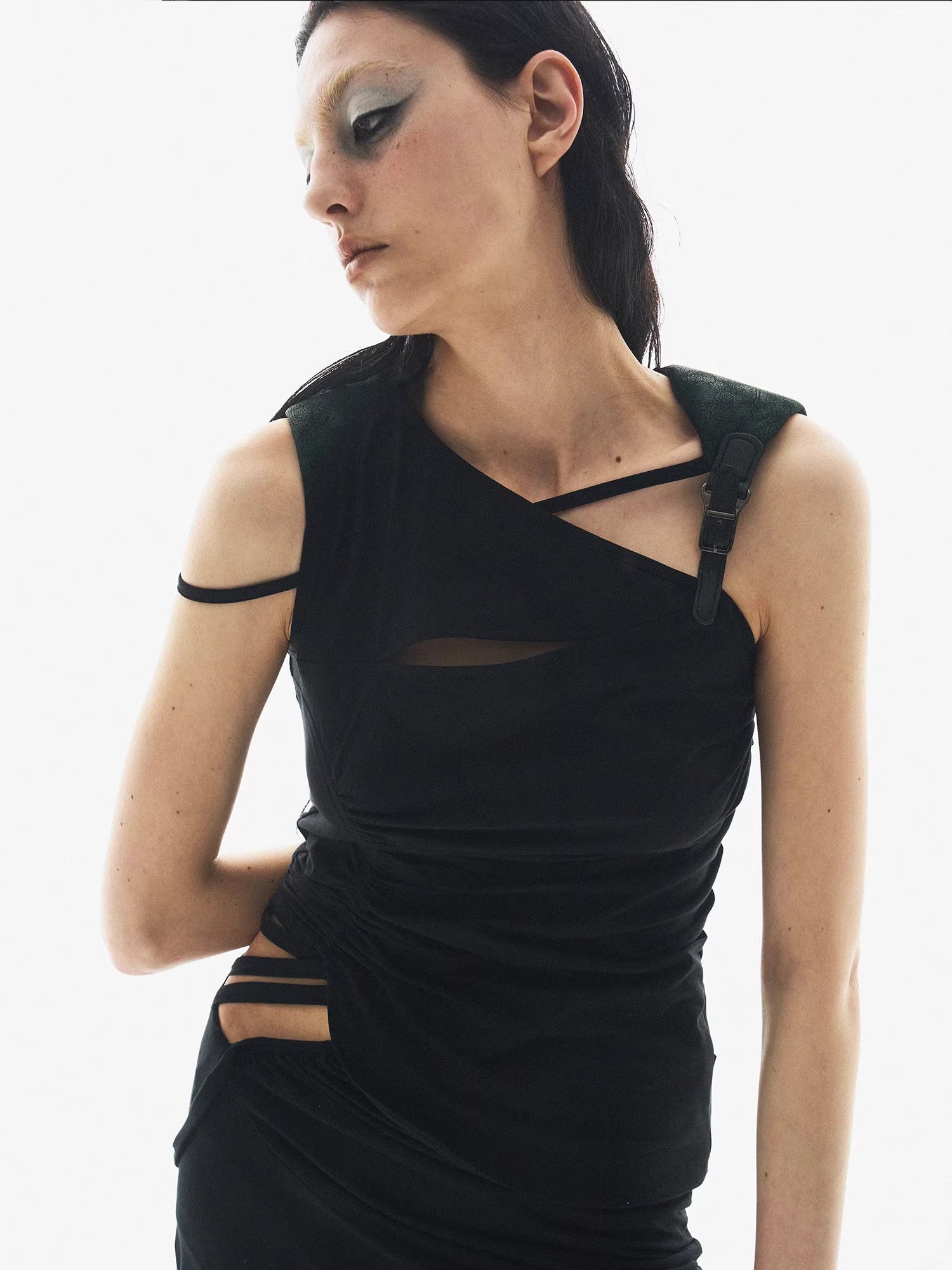 BORON ATOMS 24SS Hollow Ruffle Adjustable Buckle Color-Block Sleeveless Tank