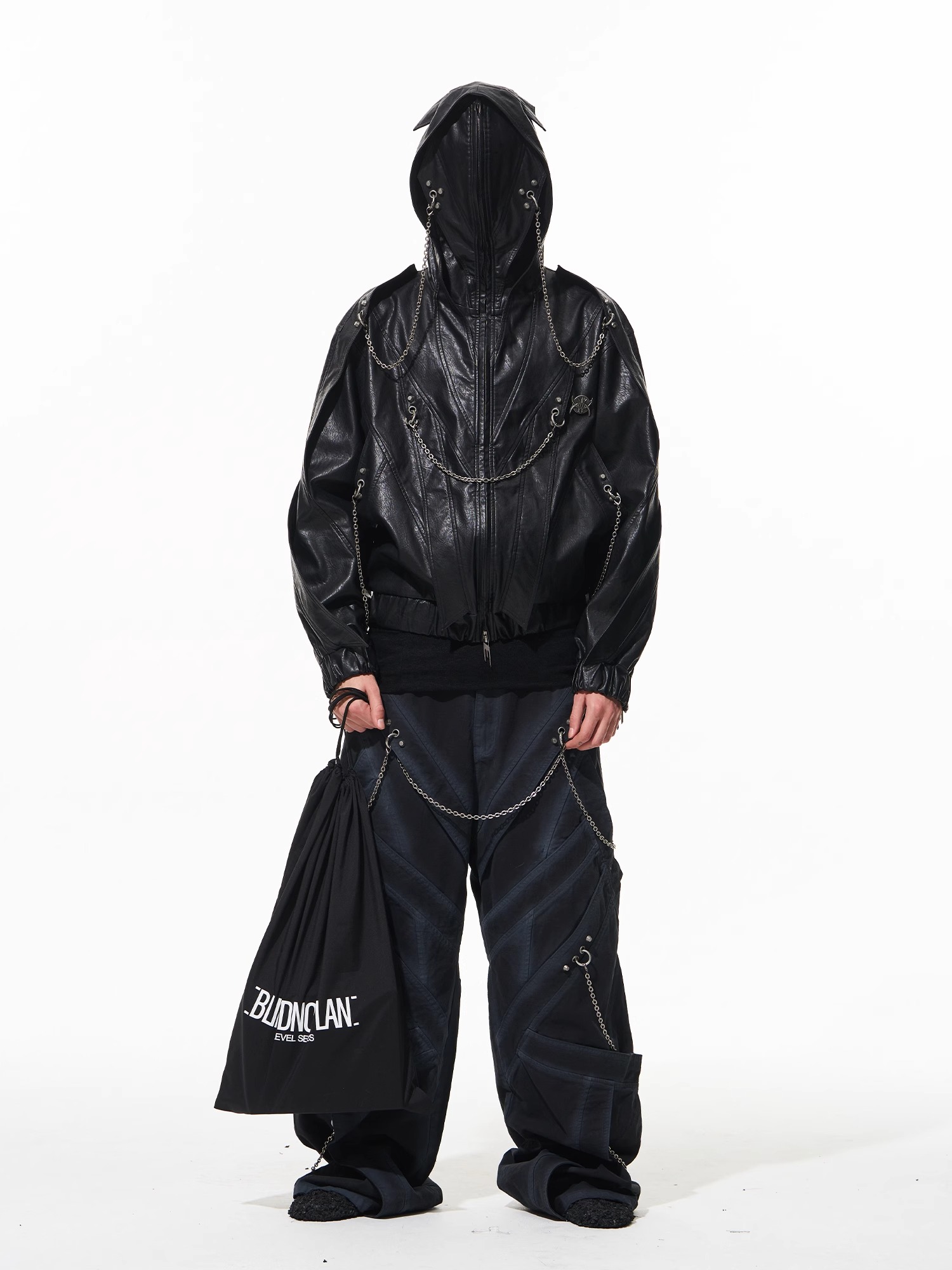 BLINDNOPLAN Metal Chain Decorative Interwoven Multi-Panel Hooded Leather Jacket