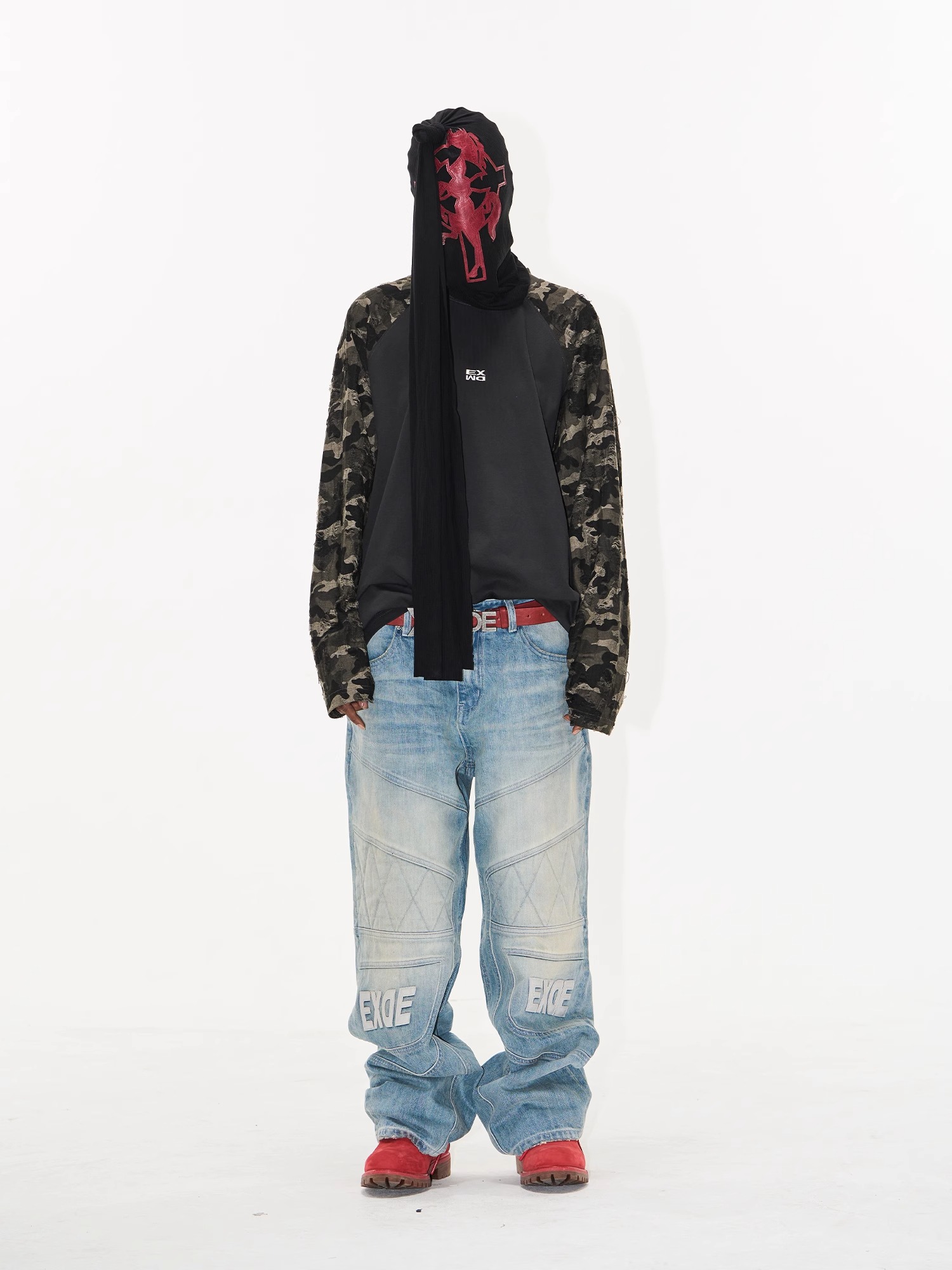 EXITMODE BY BLINDNOPLAN Washed Blue Moto Patchwork Leather Embroidered Pants