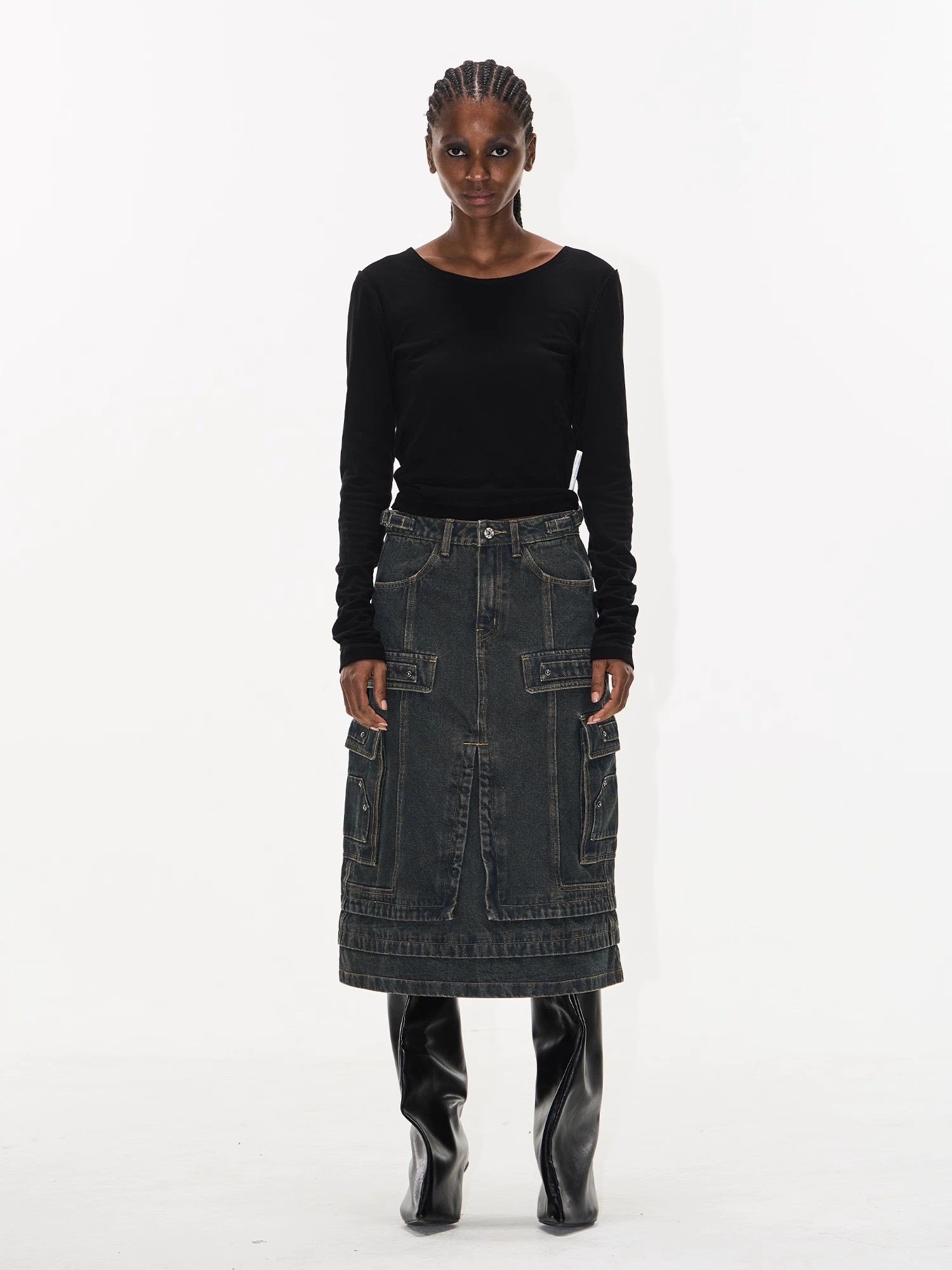 BLINDNOPLAN 25SS Metal Patchwork Distressed Utility Denim Skirt