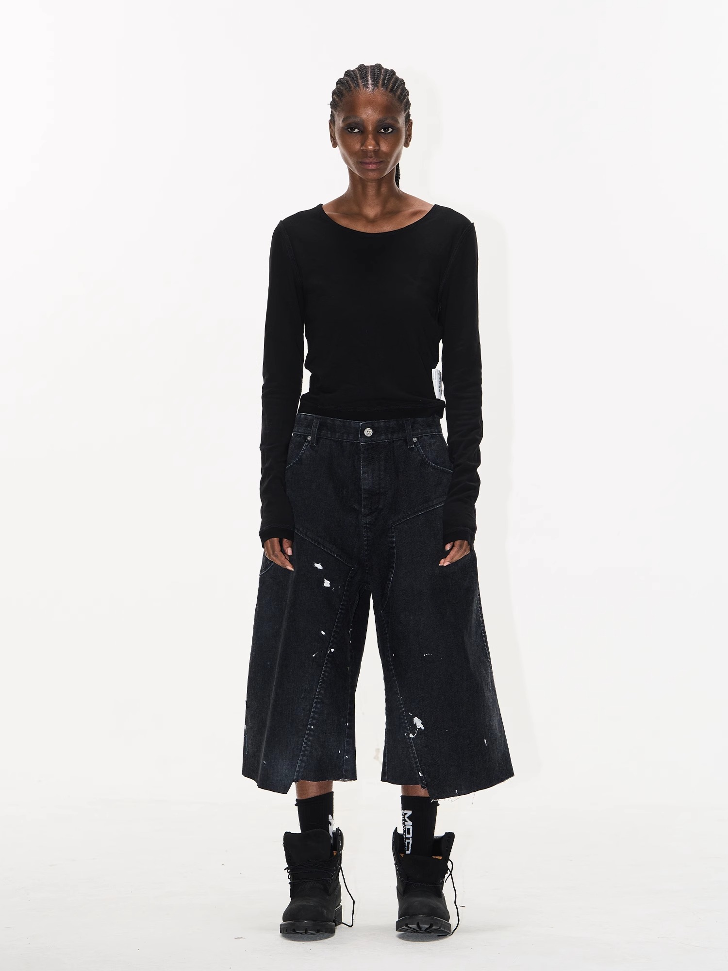 EXITMODE BY BLINDNOPLAN Washed Paint-Splatter Flocked Denim Lumber Shorts