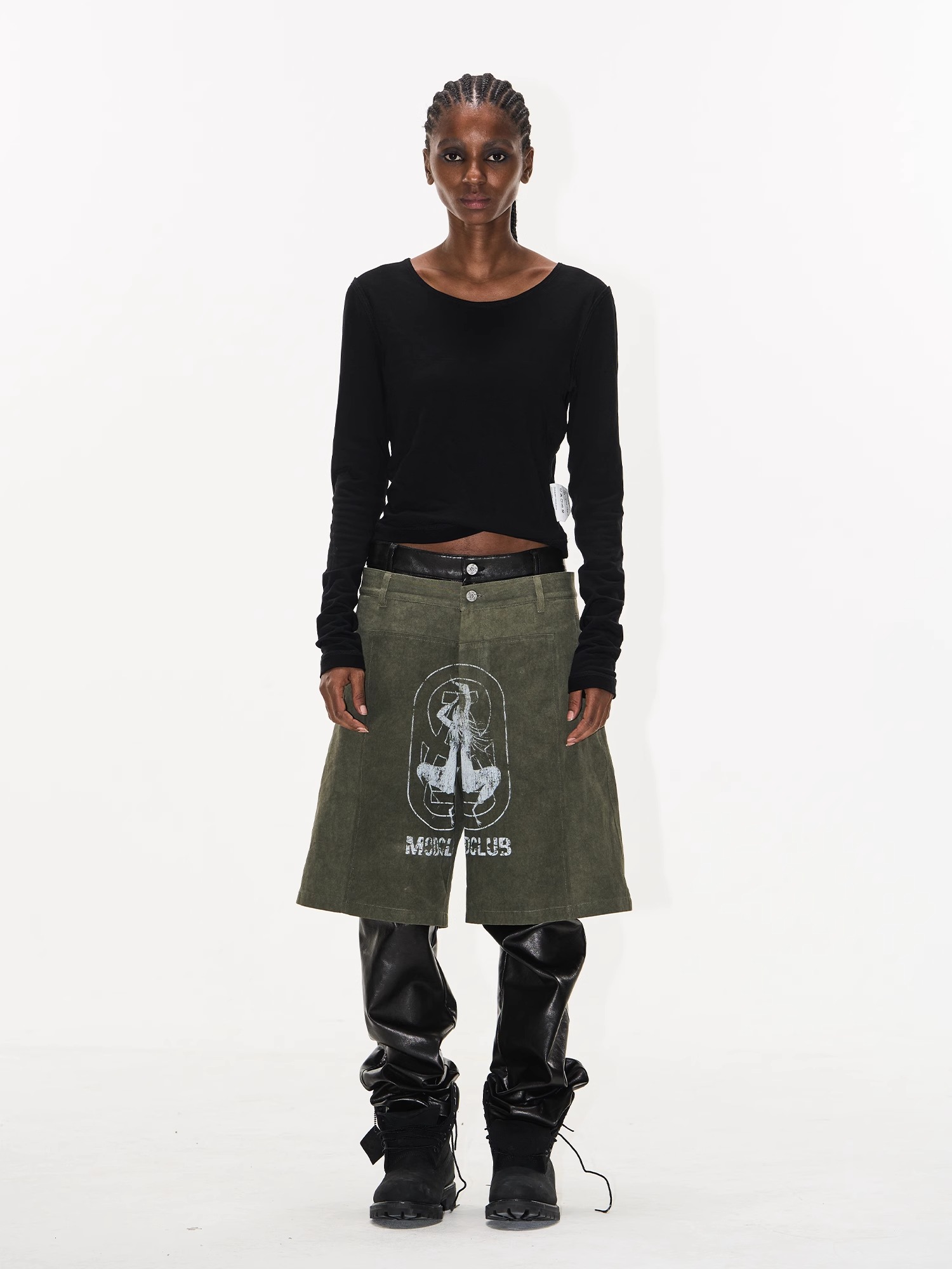 EXITMODE BY BLINDNOPLAN Faux Two-Piece Pearl Sail Fabric & Faux Leather Patchwork Pants