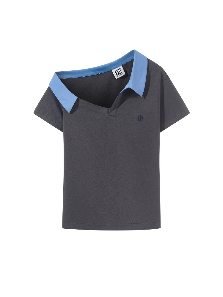 EXITMODE BY BLINDNOPLAN Asymmetric Shoulder Embroidered Polo Tee