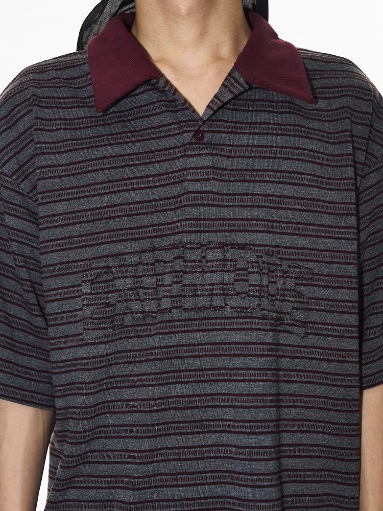 EXITMODE BY BLINDNOPLAN Striped Raw-Edge Appliqué Polo T-Shirt