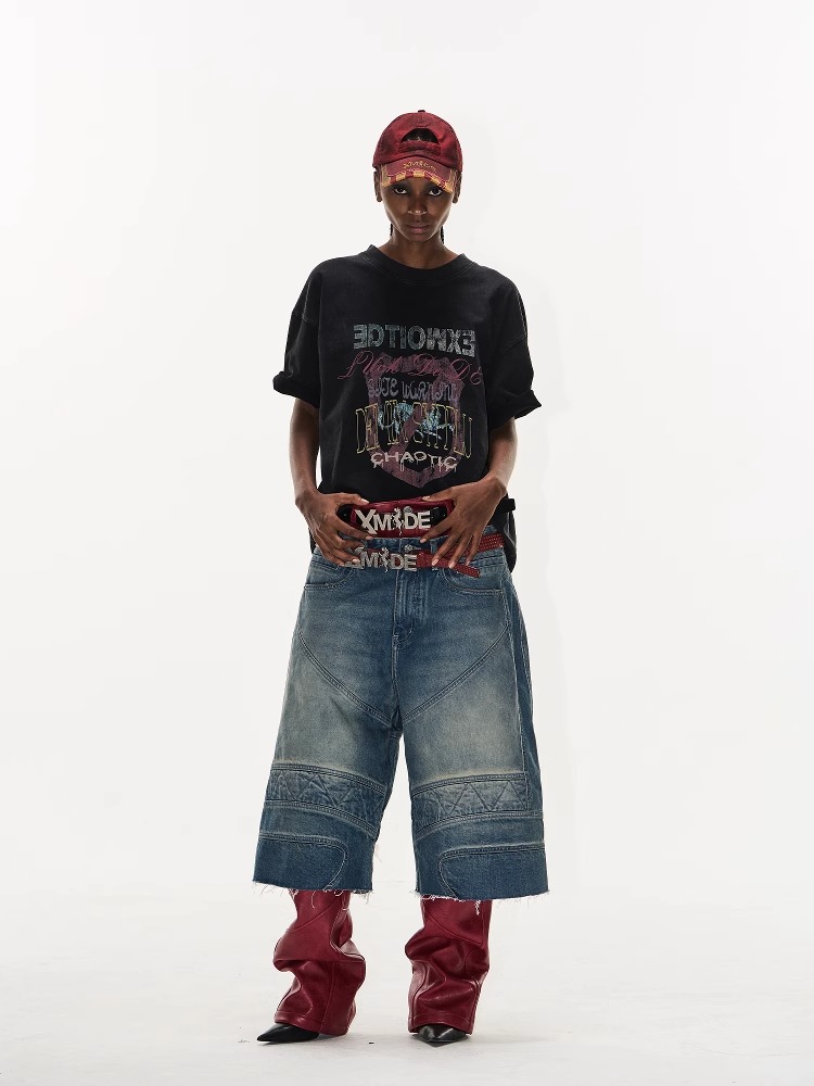 EXITMODE BY BLINDNOPLAN Washed Distressed Biker Raw-Edge Denim Shorts