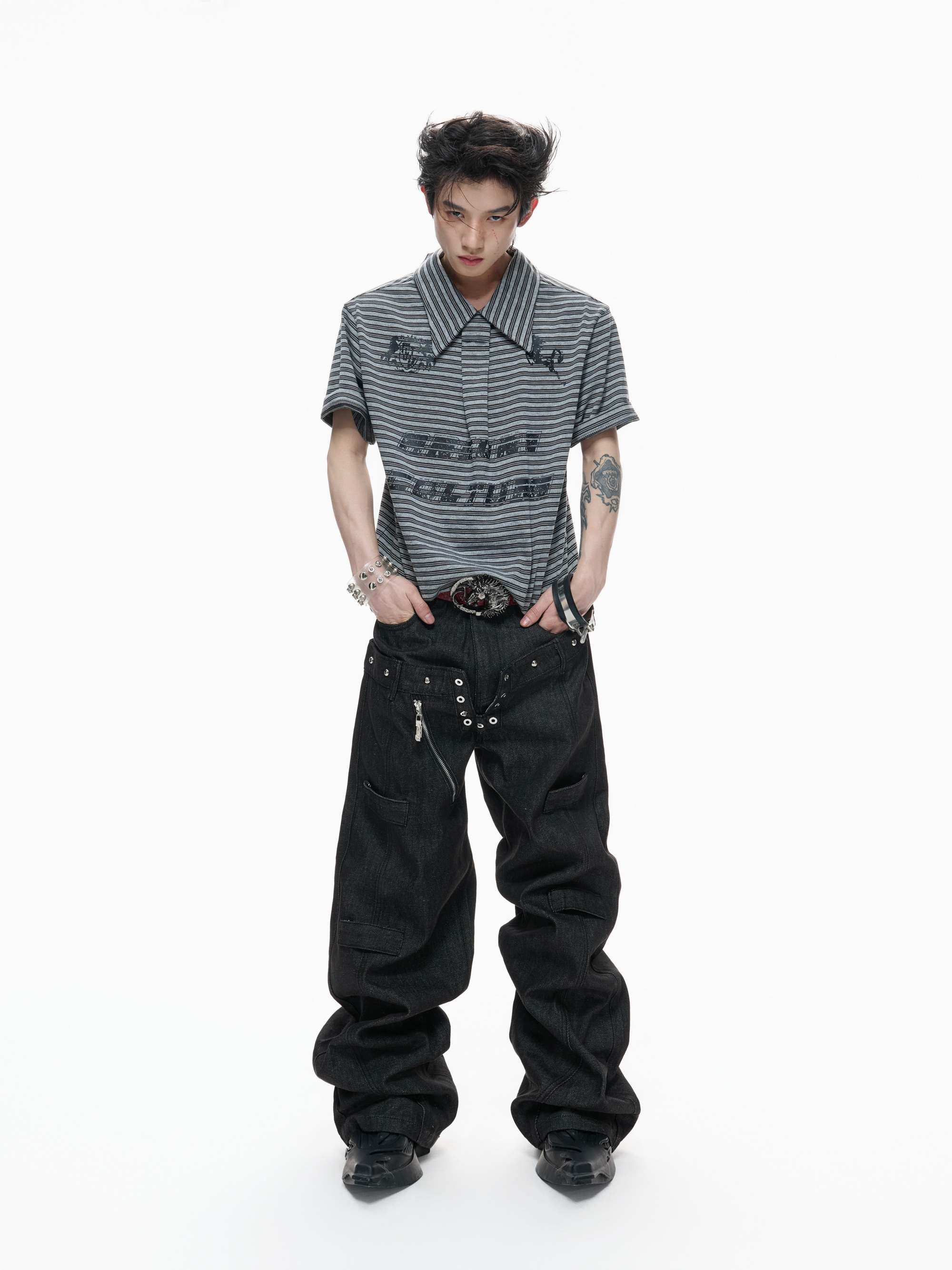 14.5oz Desized Raw Denim Straight Pants with Double Waistband