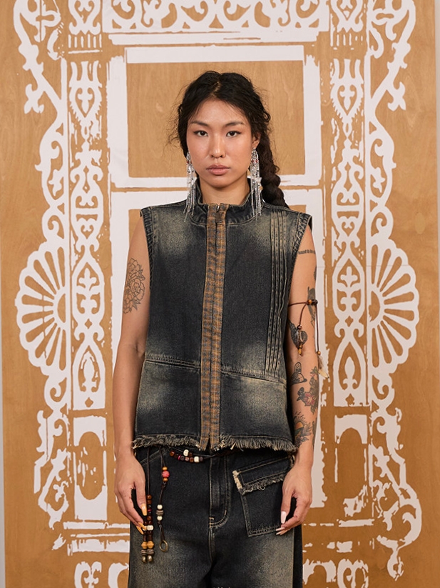 Distressed Denim Vest With Raw Edges