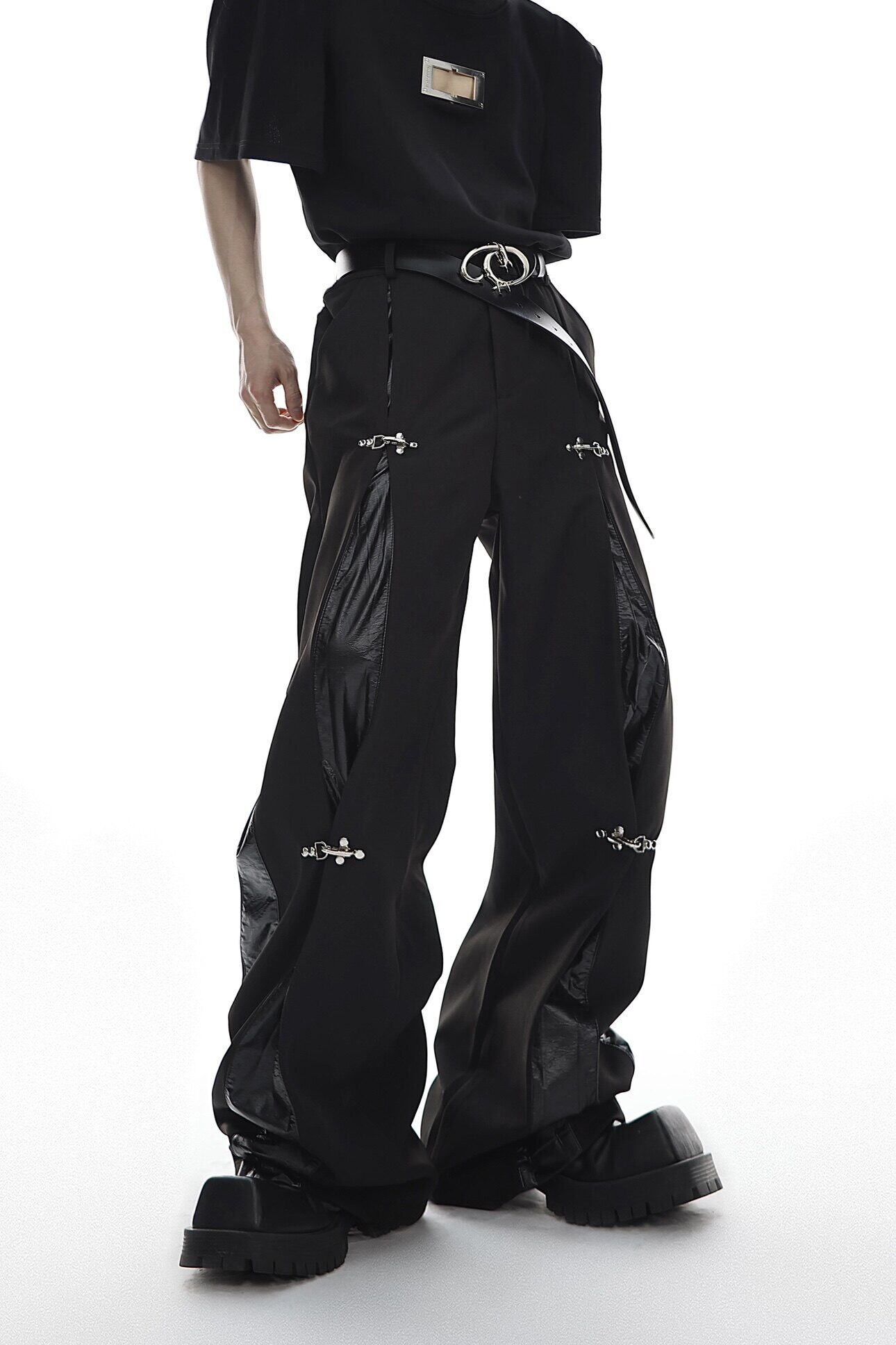  Leather-Paneled Airplane Buckle Casual Straight Pants