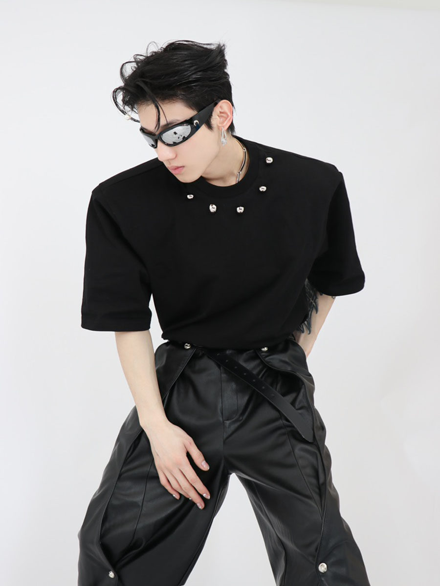 Metallic Bead Embellished Shoulder-Padded Short Sleeve Tee