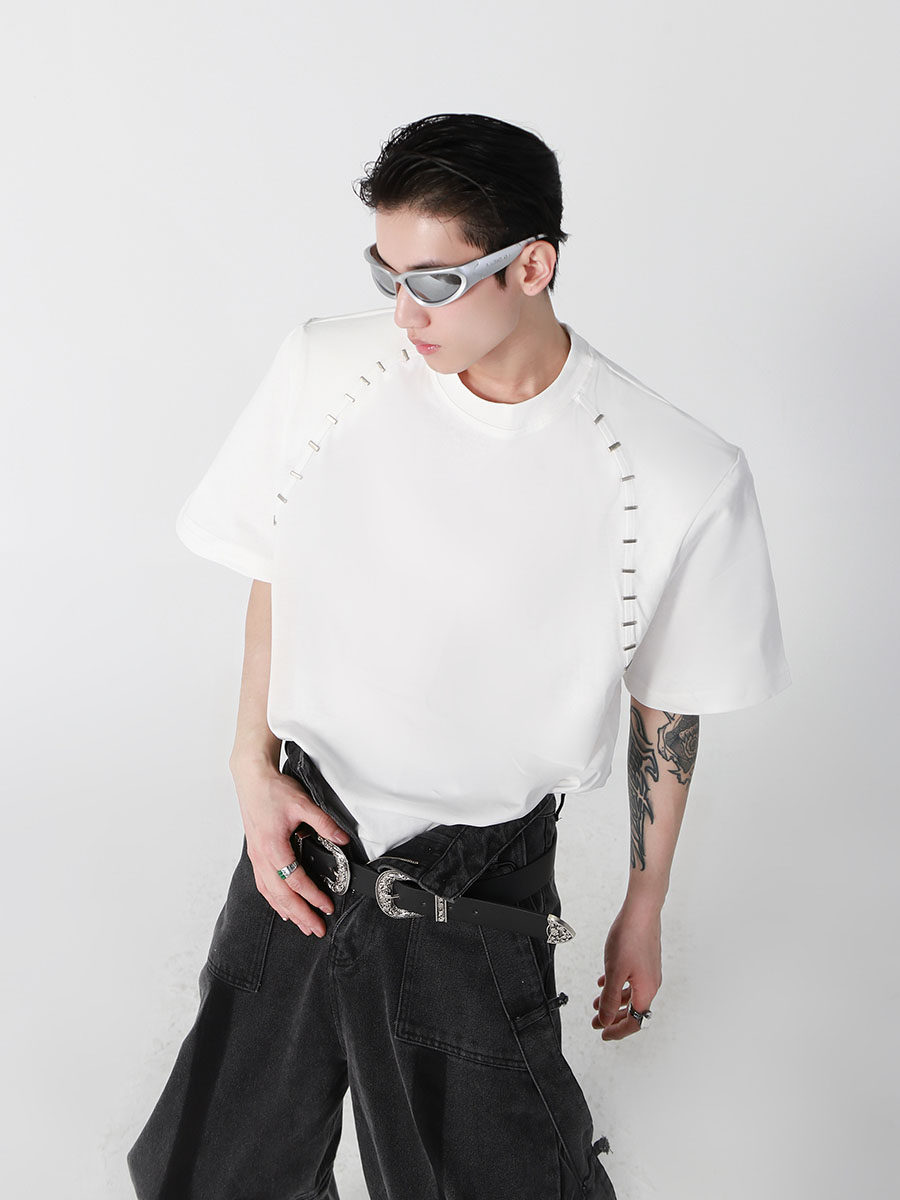 Metallic Bead-Trimmed Shoulder-Padded Short Sleeve