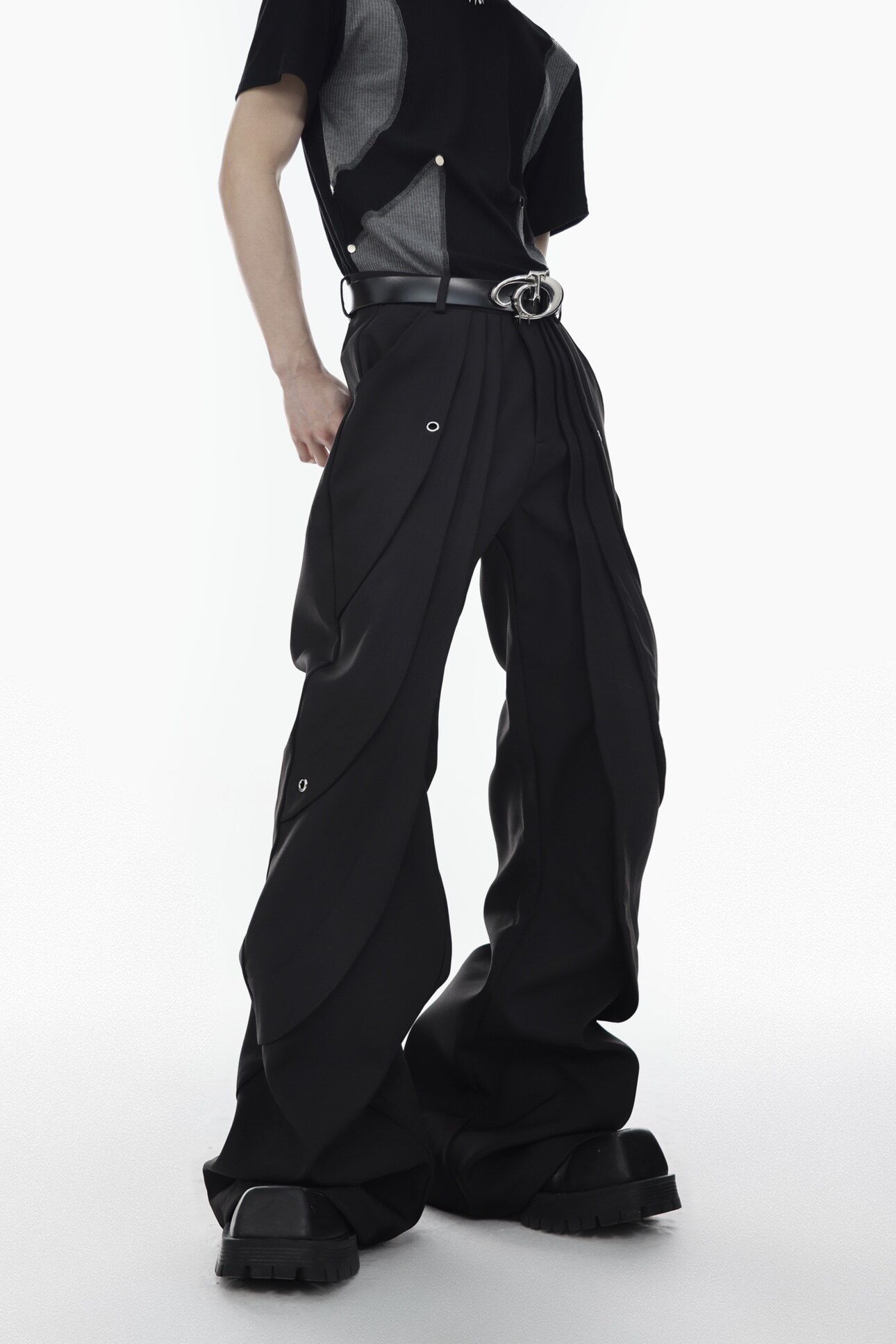 Paneled Deconstructed Slim Micro-Flare Trousers