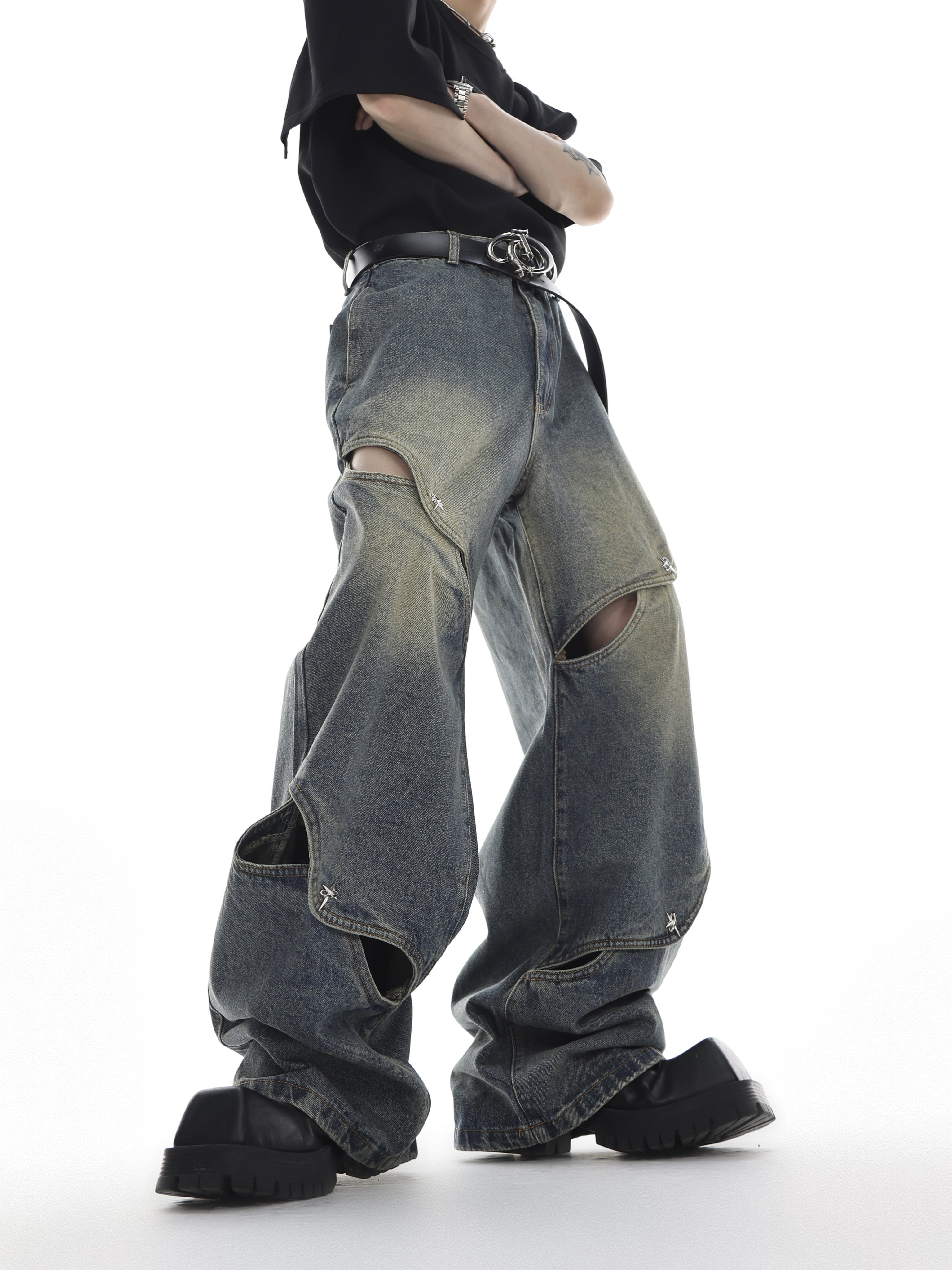 Vintage Washed Distressed Hollow-Out Jeans