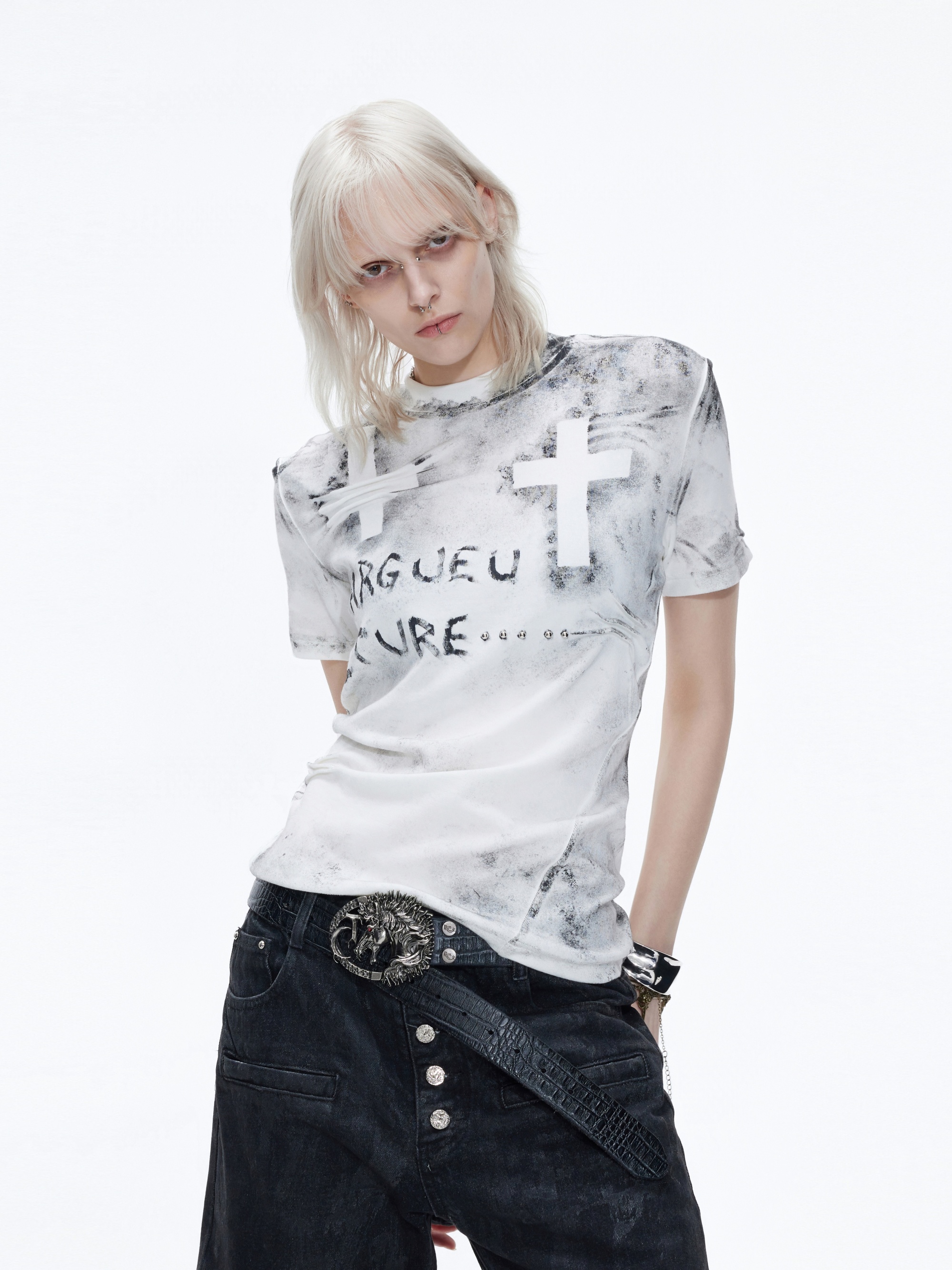 Pleated Graffiti Distressed T-Shirt