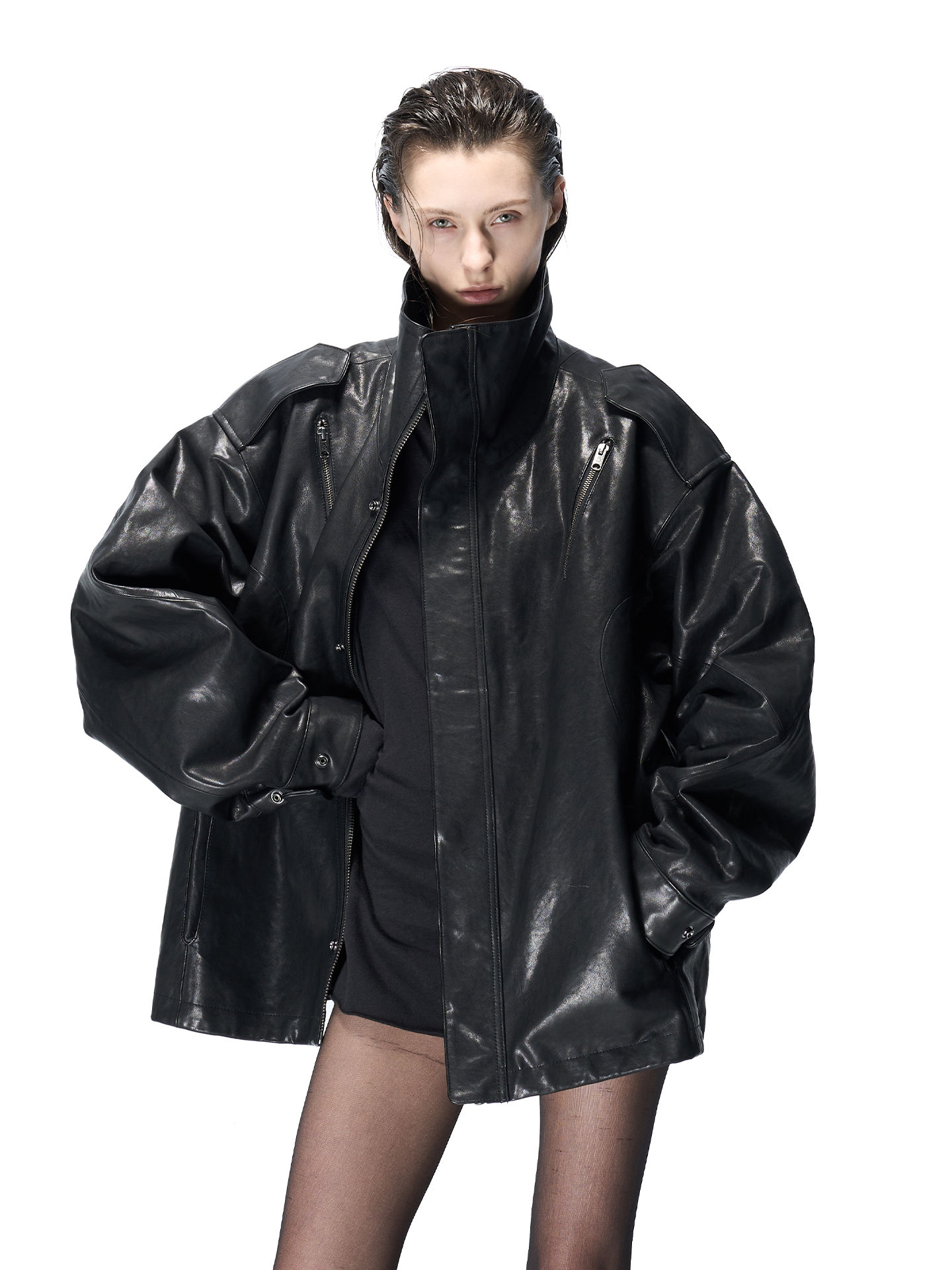 Military-Style Washed Sheepskin Jacket