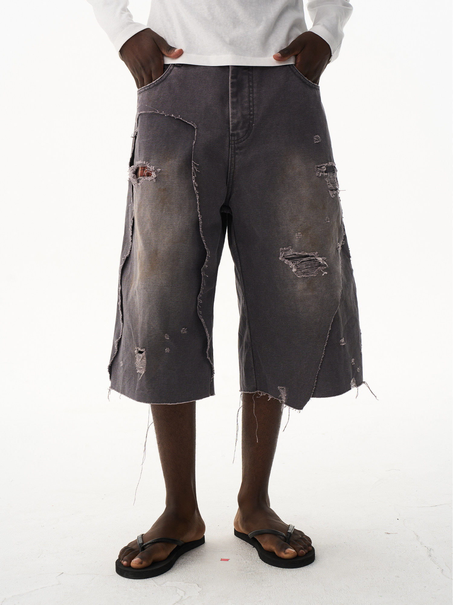 Double-Layer Distressed Washed Grey Shorts